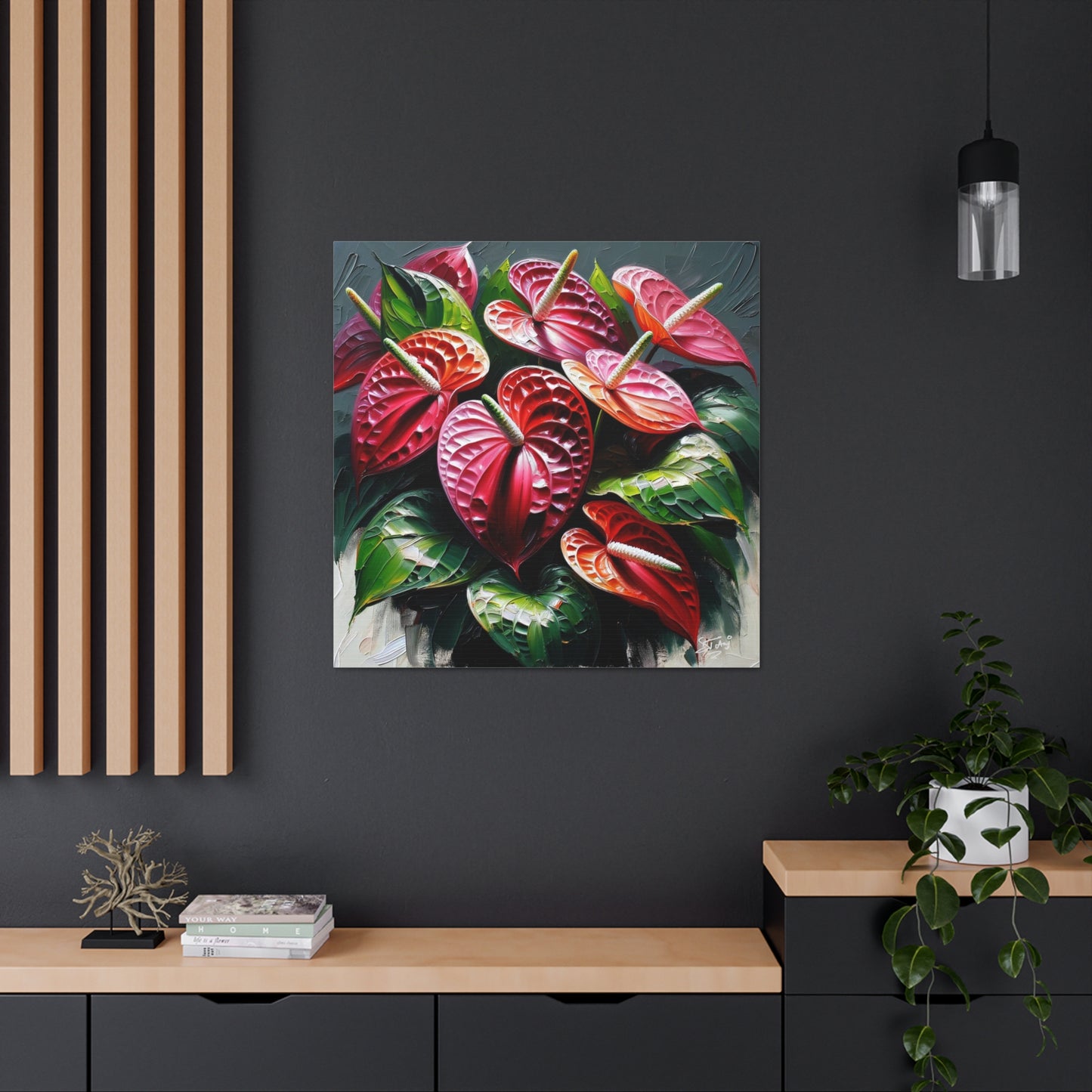 Print of Anthurium flowers with a vibrant, oil-painted finish, Canvas Gallery Wraps