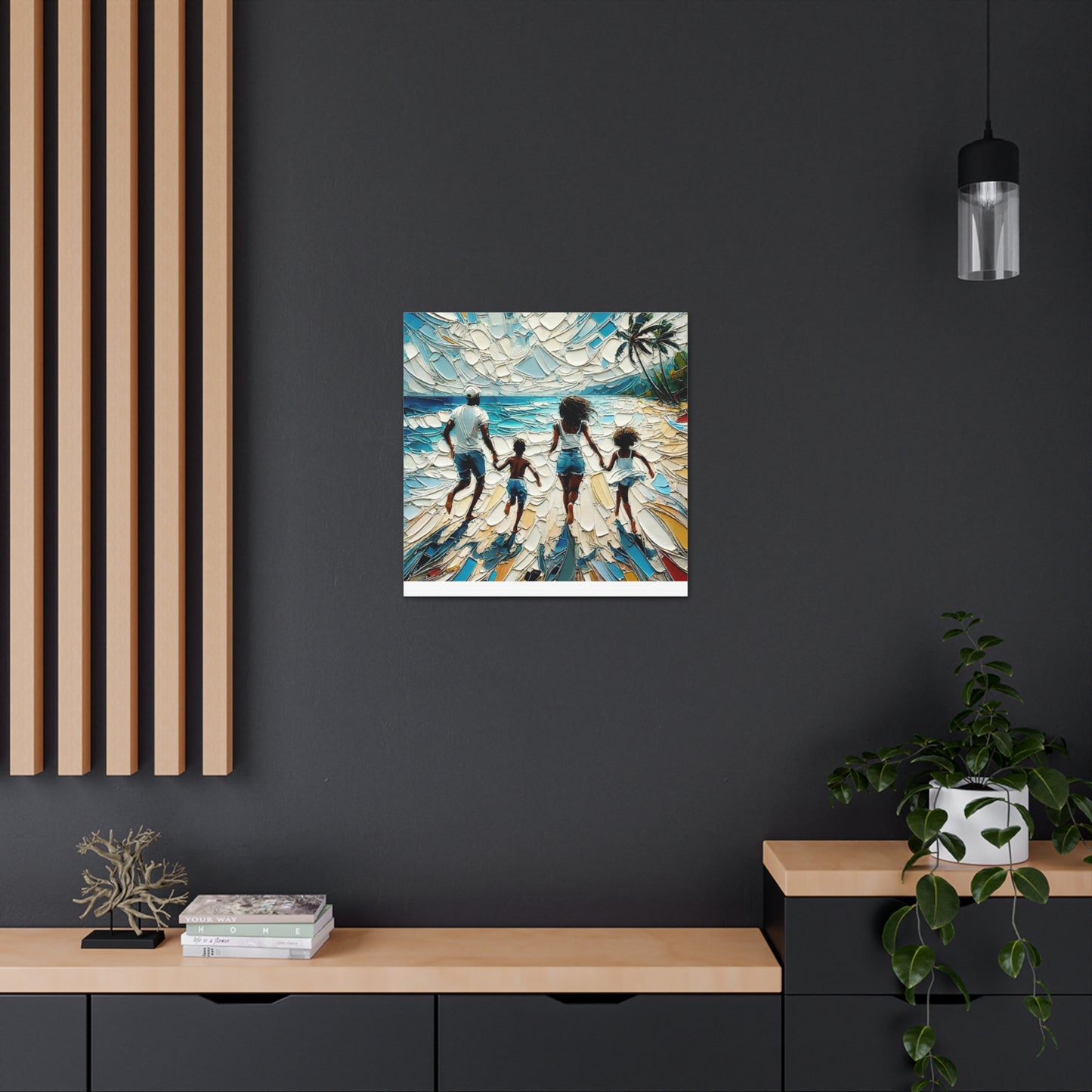 Art Print, Afro-Caribbean Family "Running on the Beach," Oil Finish, West Indian Ethnicity, Cultural, Heritage, Semi-Abstract, Canvas Gallery Wrap