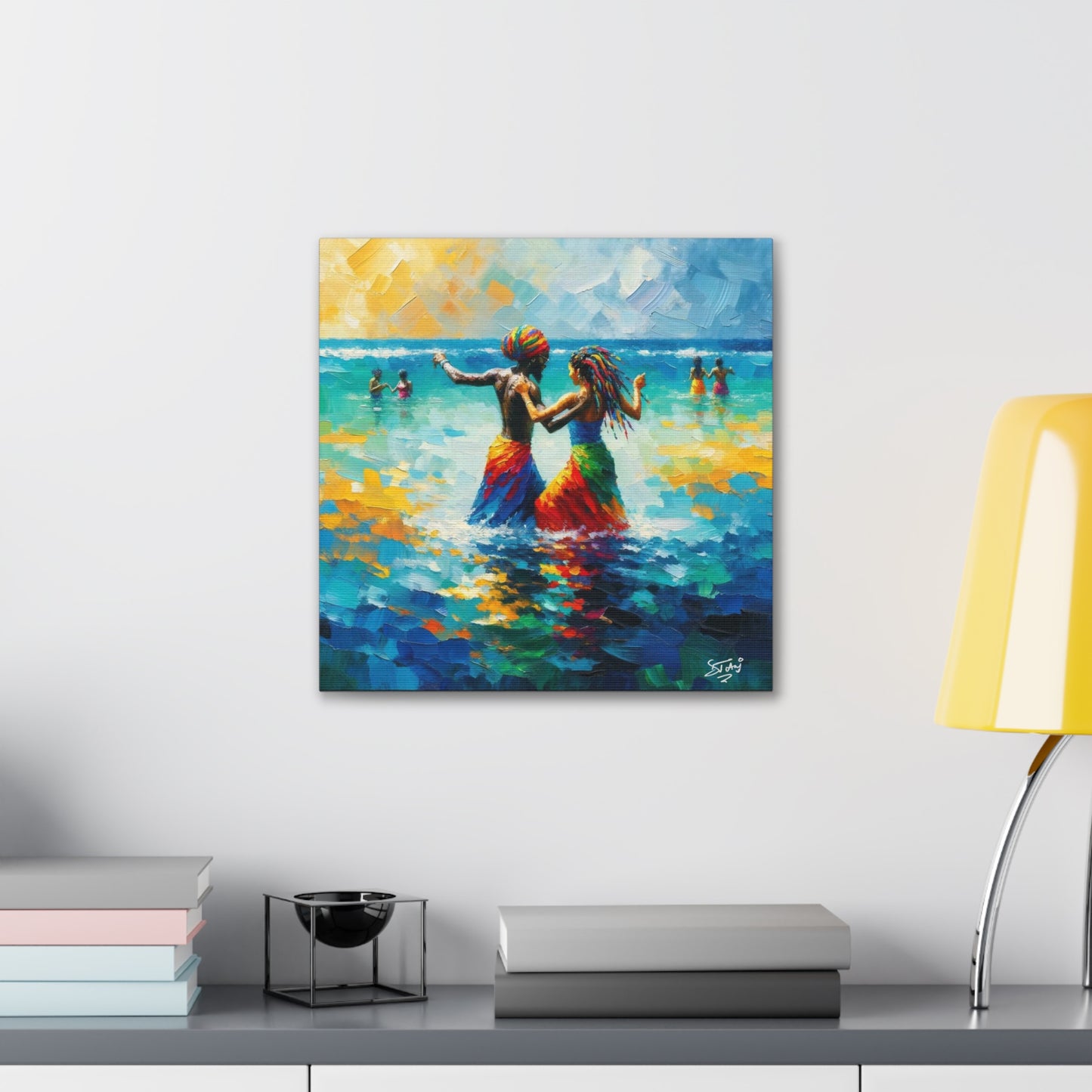 Art Print, Caribbean Couple, "In Our World" Semi-Abstract Oil Finish, West Indian Ethnicity, Cultural, Heritage, Abstract, Canvas Gallery Wrap