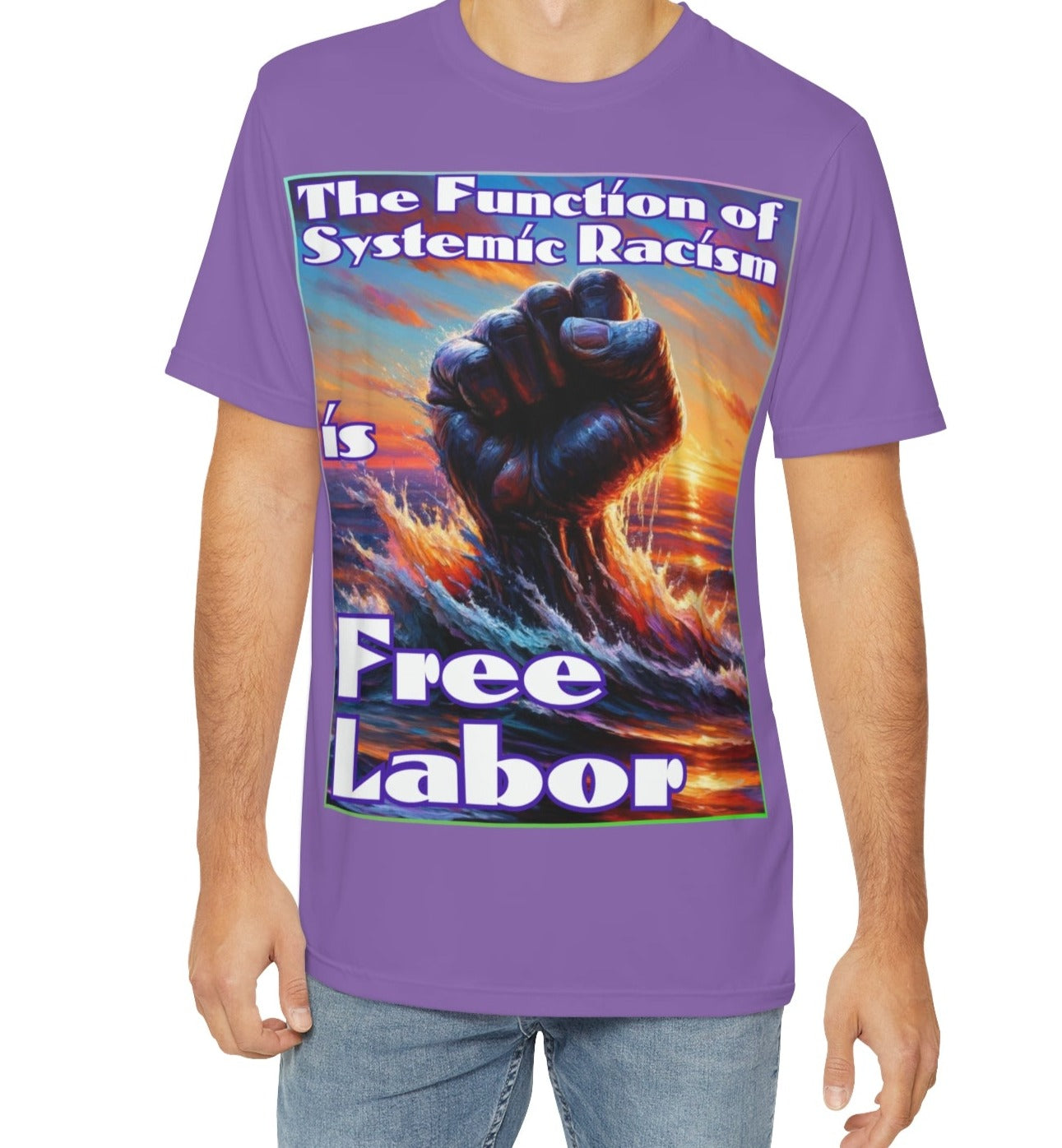 Men's Brushed Polyester Short Sleeve Tee (AOP), "The Function of Systemic Racism is Free Labor"