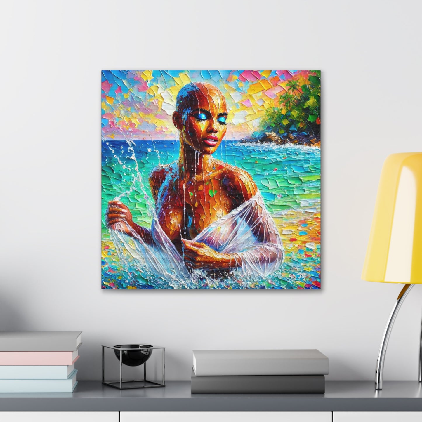 Art Print, Afro-Caribbean Woman, "Sea Bath" Abstract, Oil Finish, West Indian Ethnicity, Cultural, Heritage, Abstract, Canvas Gallery Wrap