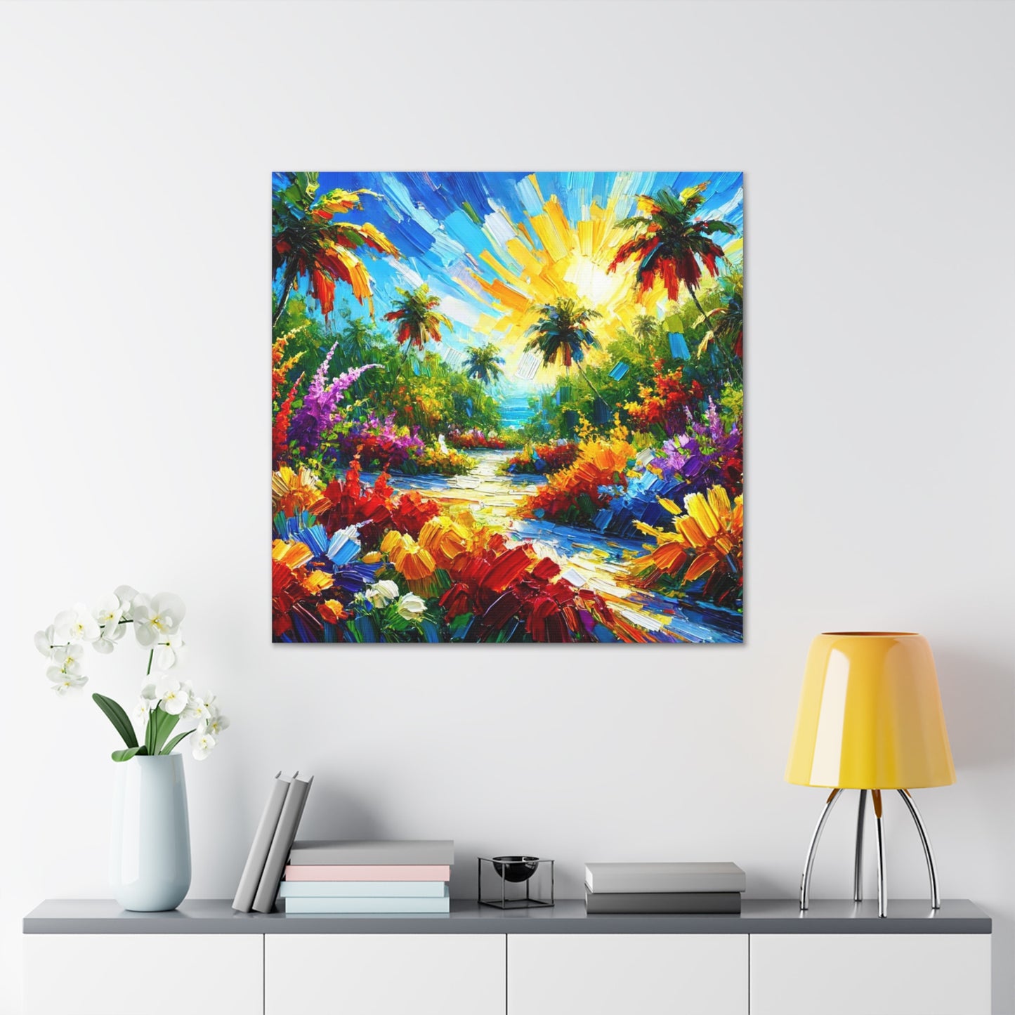 Art Print of Tropical Flower Garden, Abstract Oil Finish, West Indian Art, Canvas Gallery Wraps