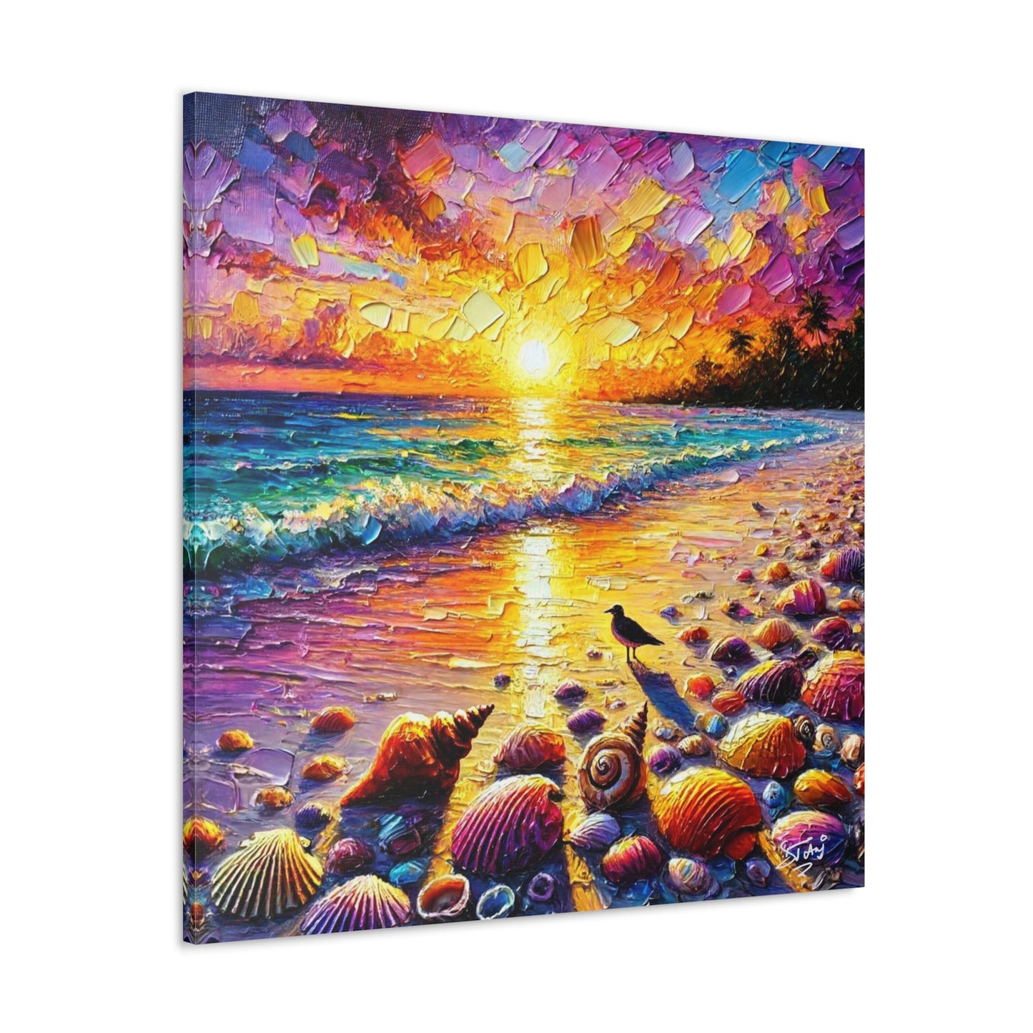 Art Print, Seashells on Caribbean Beach, Sunset, Semi-Abstract, Oil Painting, West Indian Art, Canvas Gallery Wraps