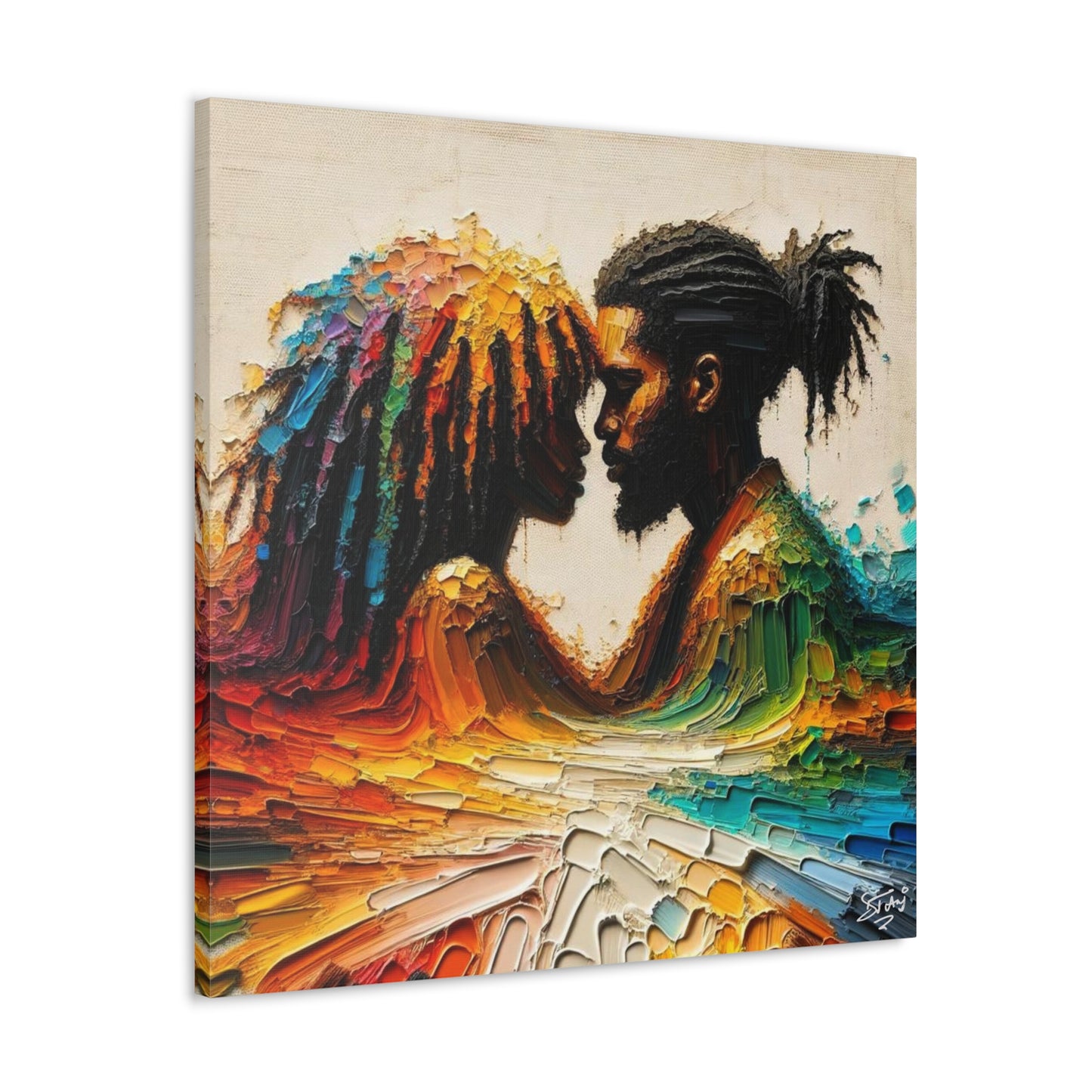 Art Print, Afro-Caribbean Couple in Love (2), Oil Finish, West Indian Ethnicity, Cultural, Heritage, Semi-Abstract, Canvas Gallery Wrap