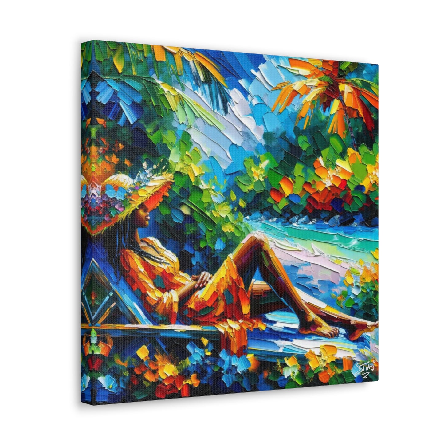 Art Print, Afro-Caribbean Woman, "Relaxing" Oil Finish, West Indian Ethnicity, Cultural, Heritage, Abstract, Canvas Gallery Wrap