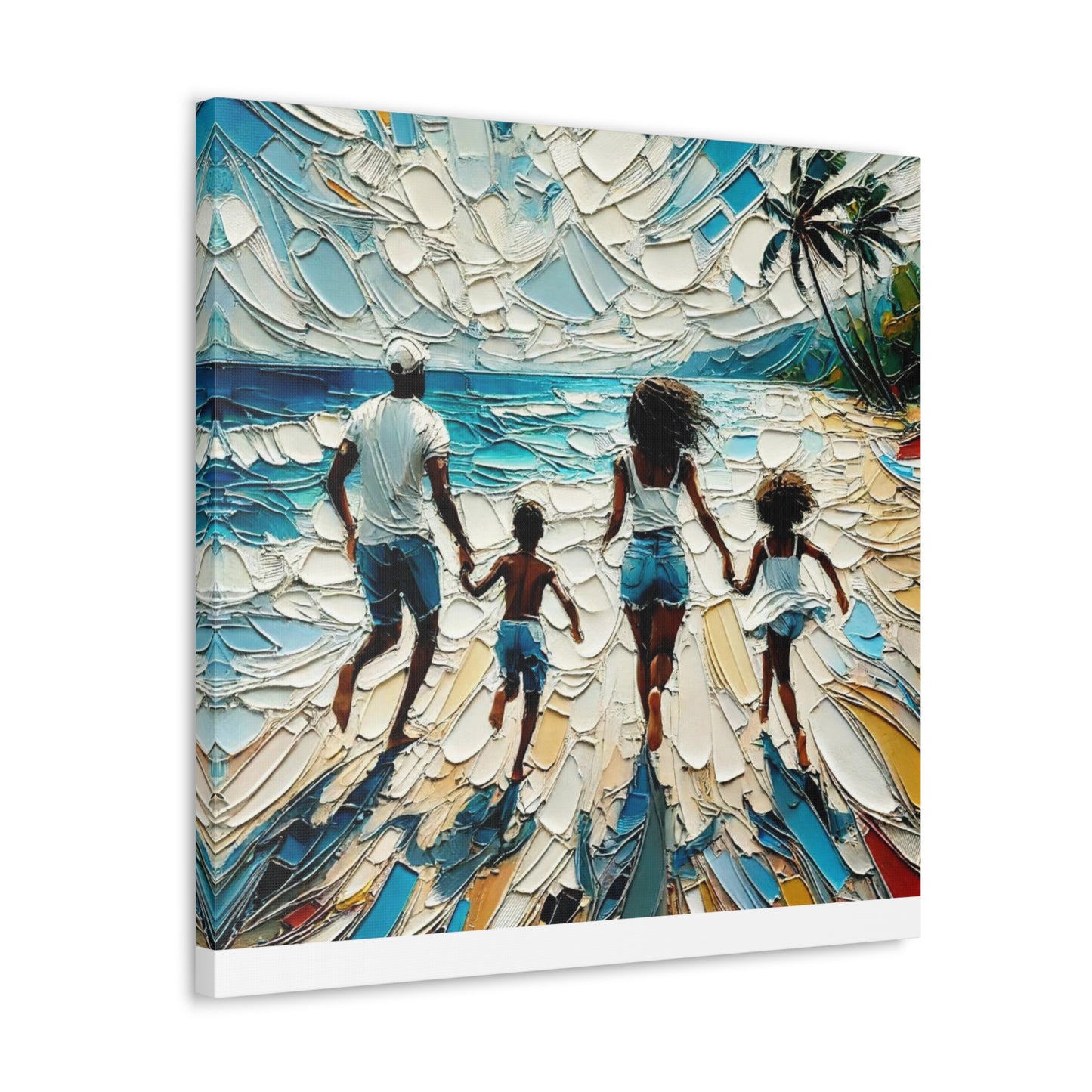 Art Print, Afro-Caribbean Family "Running on the Beach," Oil Finish, West Indian Ethnicity, Cultural, Heritage, Semi-Abstract, Canvas Gallery Wrap