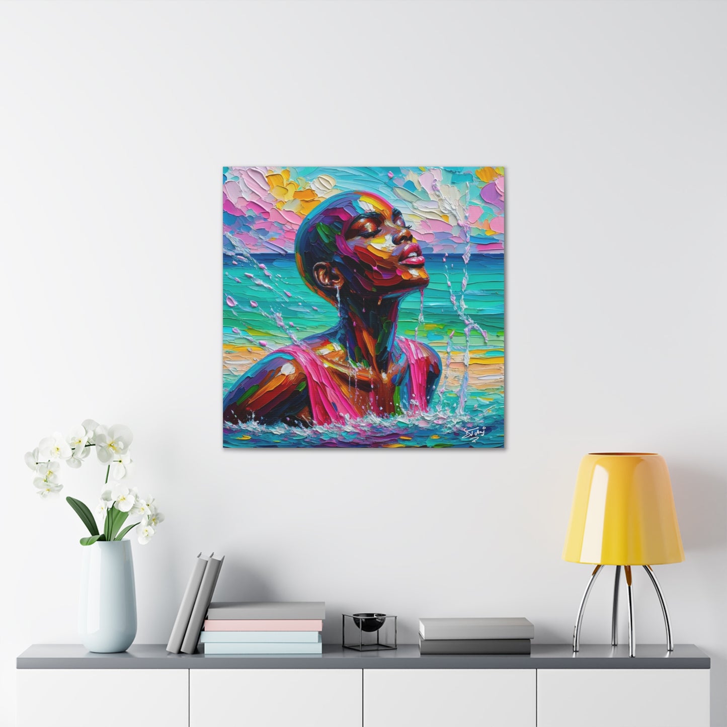 Art Print, Afro-Caribbean Woman, "Sea Bath" Abstract, Oil Finish, West Indian Ethnicity, Cultural, Heritage, Abstract, Canvas Gallery Wrap