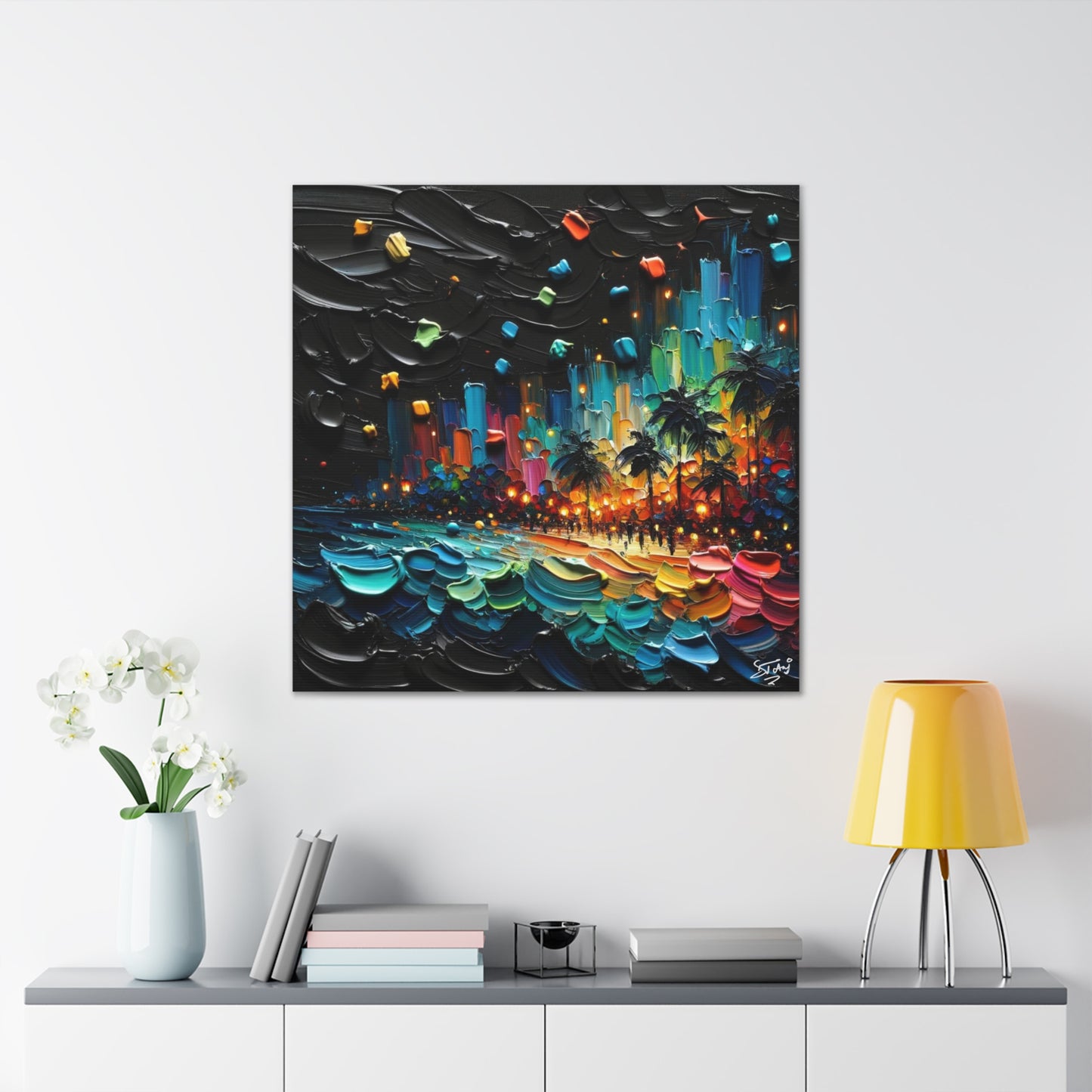 Art Print of Caribbean Beach at Night, Semi-Abstract, Oil Painting, West Indian Art, Canvas Gallery Wraps