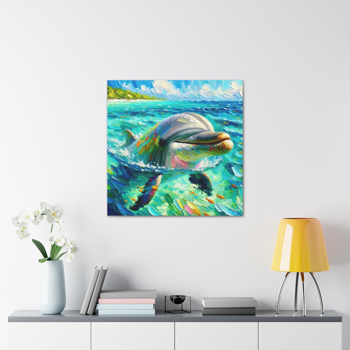 Art Print, Dolphin in Caribbean Sea, Oil Finish, Caribbean Nature, Canvas Gallery Wrap