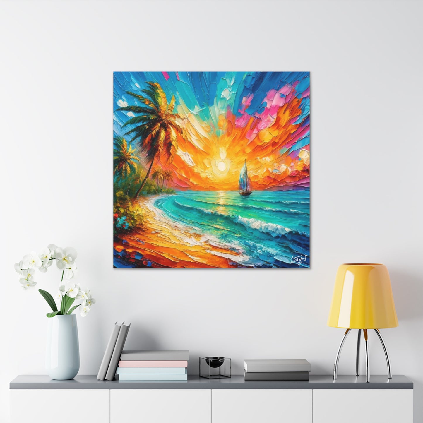 Art Print of Caribbean Sunset Scene, West Indian Art, Canvas Gallery Wraps