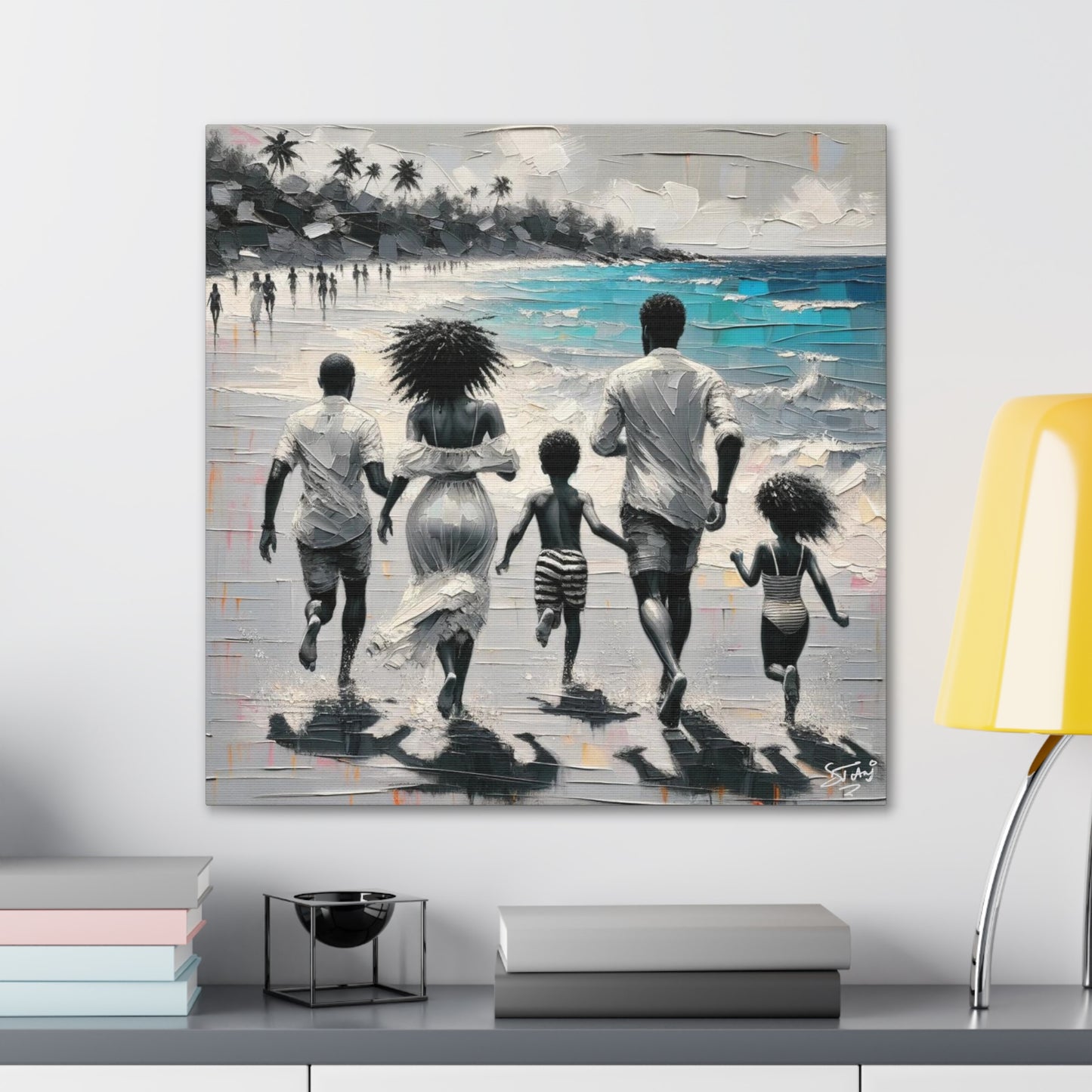 Art Print, Afro-Caribbean Family on the Beach, Oil Finish, West Indian Ethnicity, Cultural, Heritage, Semi-Abstract, Canvas Gallery Wrap