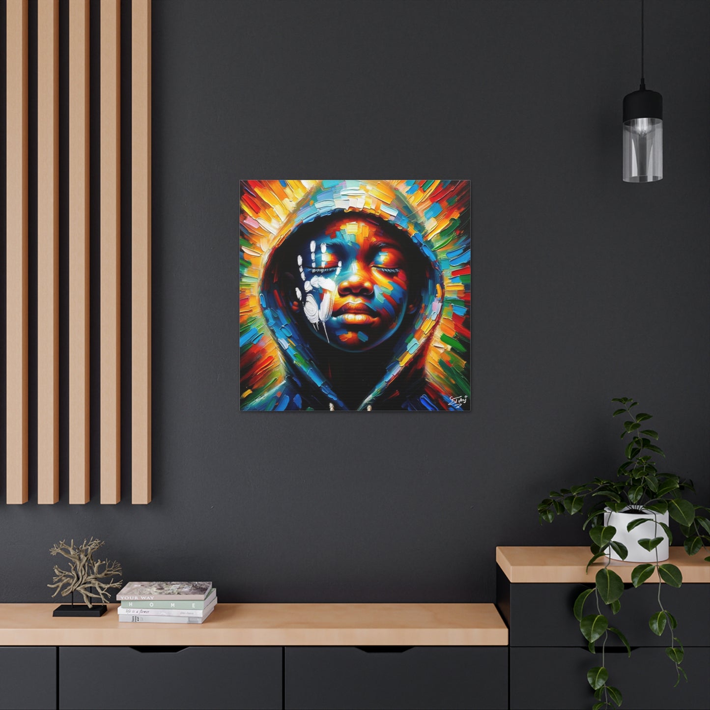 Art Print, Afro-Caribbean Boy "The Resistance," Oil Finish, West Indian Ethnicity, Cultural, Heritage, Semi-Abstract, Canvas Gallery Wrap