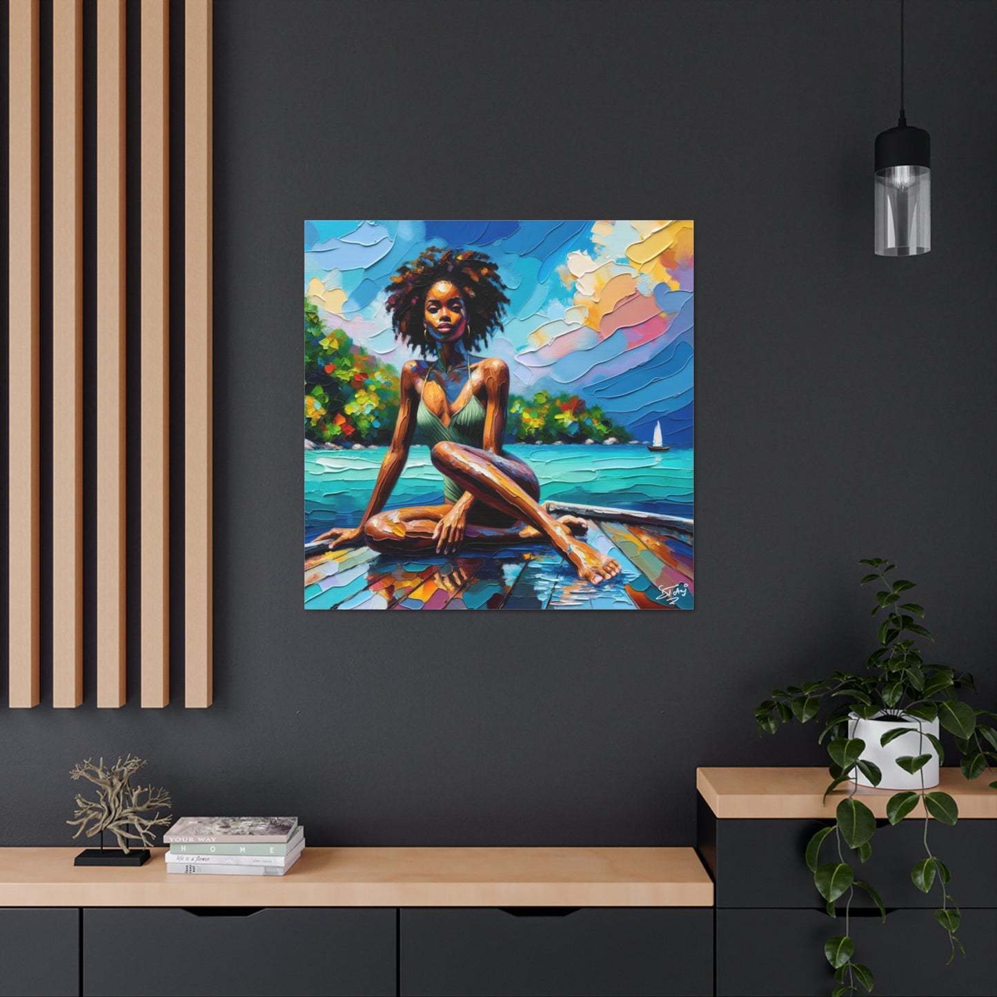 Art Print, Afro-Caribbean Woman "Chilling in the Boat" Oil Finish, West Indian Ethnicity, Cultural, Heritage, Semi-Abstract, Canvas Gallery Wrap