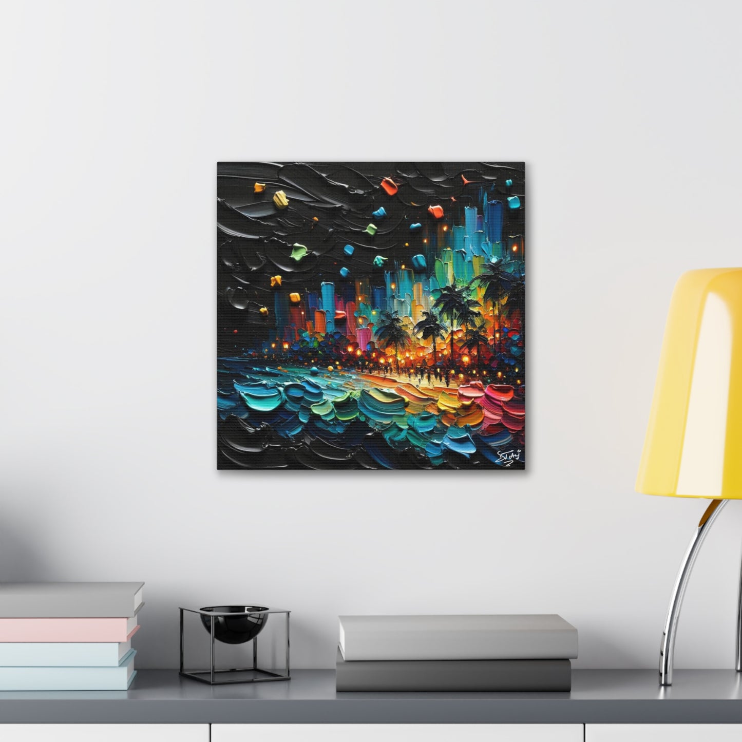 Art Print of Caribbean Beach at Night, Semi-Abstract, Oil Painting, West Indian Art, Canvas Gallery Wraps