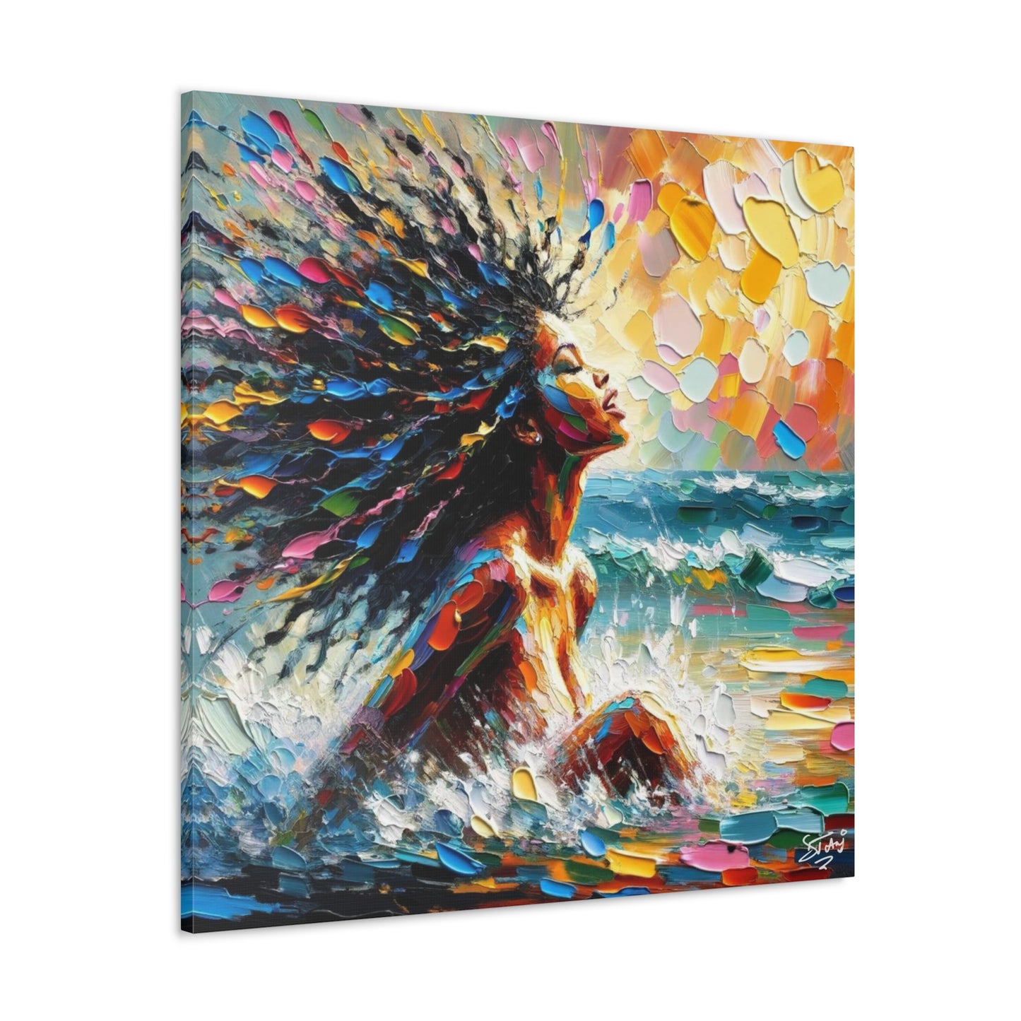 Art Print, Afro-Caribbean Woman, "Enjoying the Sunset" Abstract, Oil Finish, West Indian Ethnicity, Cultural, Heritage, Abstract, Canvas Gallery Wrap