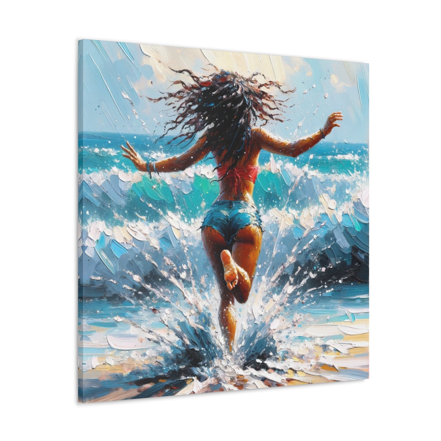 Art Print, East Indian Woman from Trinidad running into the Atlantic Ocean, Caribbean, Oil Finish, West Indian Art, Canvas Gallery Wraps