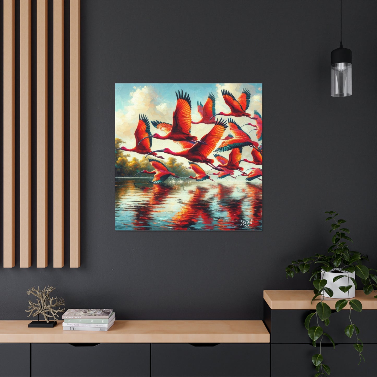 Art Print, Scarlet Ibises in flight, Oil Finish, Trinidad & Tobago, Caribbean, West Indian Art, Canvas Gallery Wraps