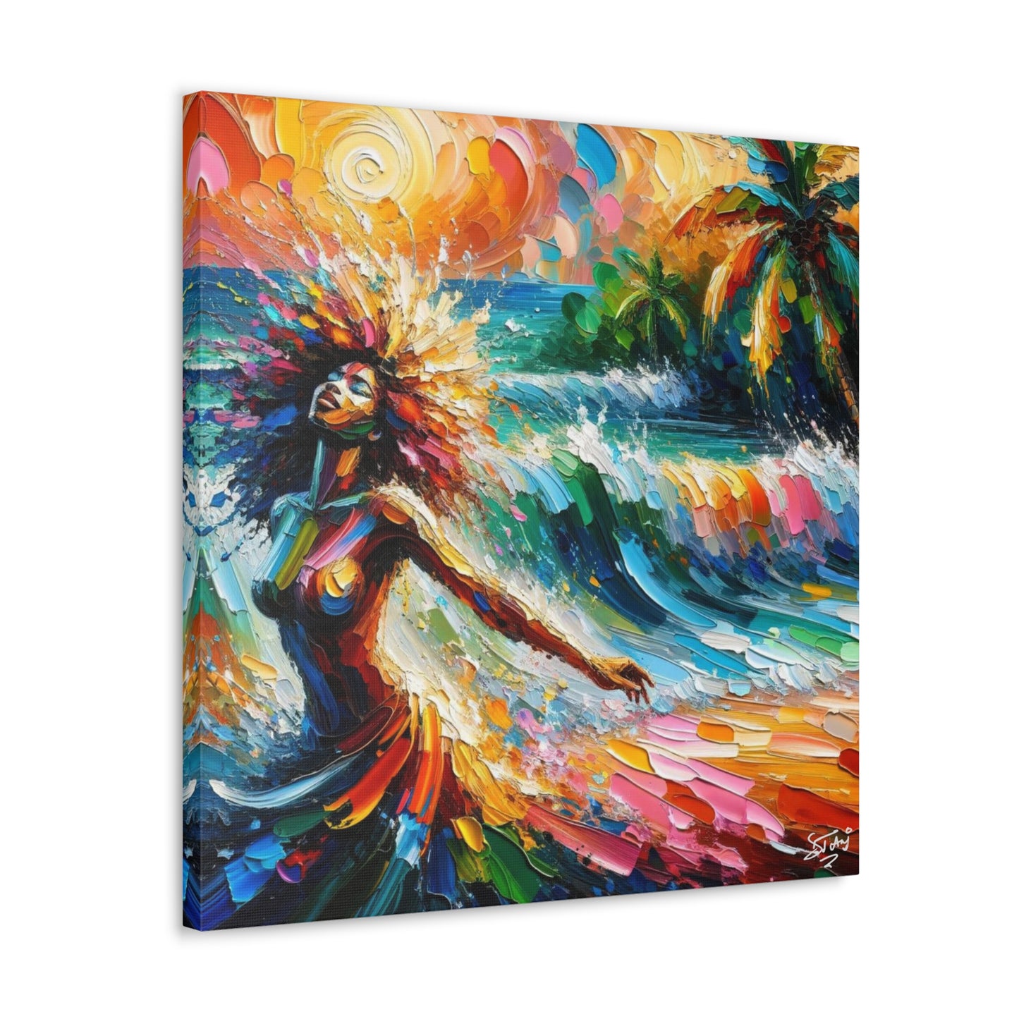 Art Print, Afro-Caribbean Woman, "Enjoying the Sunset" Abstract, Oil Finish, West Indian Ethnicity, Cultural, Heritage, Abstract, Canvas Gallery Wrap