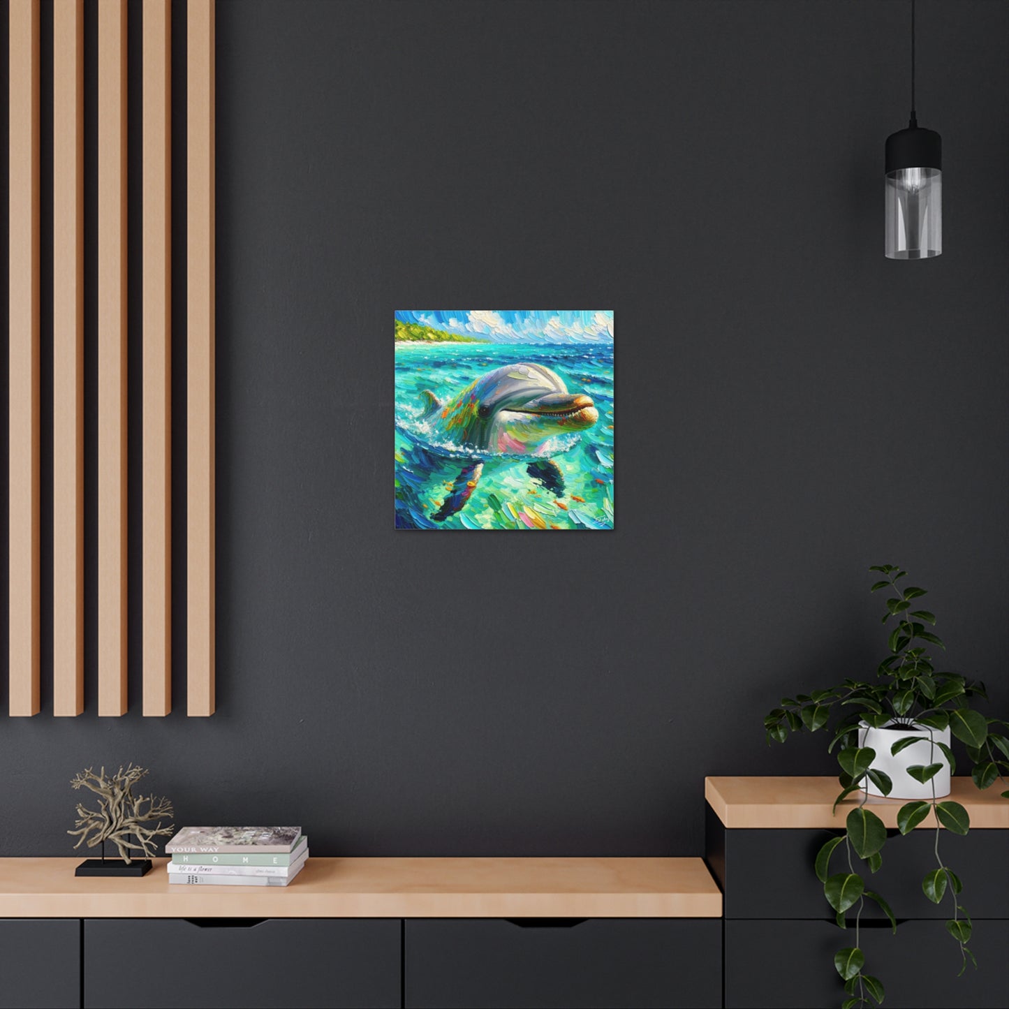 Art Print, Dolphin in Caribbean Sea, Oil Finish, Caribbean Nature, Canvas Gallery Wrap