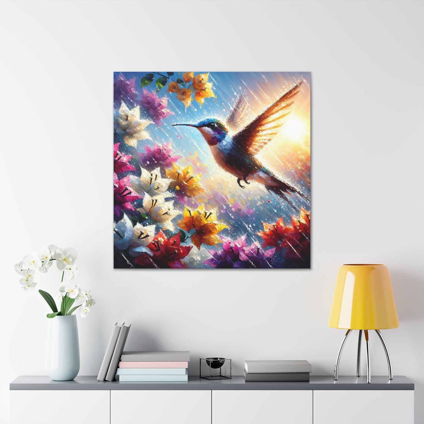 Art Print of Hummingbird in Flight...in the Sun and Rain, Bougainvillea, Caribbean, Oil Finish, West Indian Art, Canvas Gallery Wraps