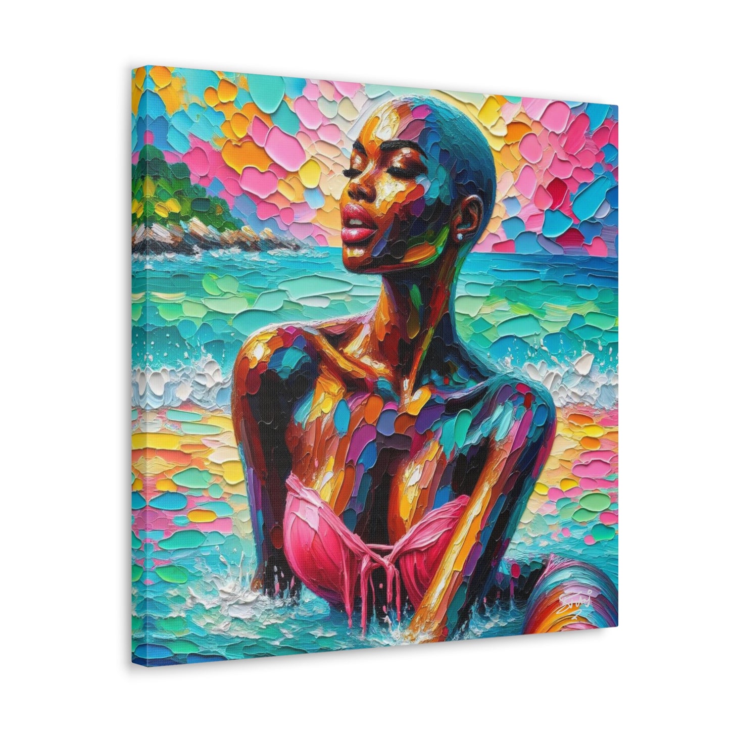 Art Print, Afro-Caribbean Woman, "Sea Bath" Abstract, Oil Finish, West Indian Ethnicity, Cultural, Heritage, Abstract, Canvas Gallery Wrap