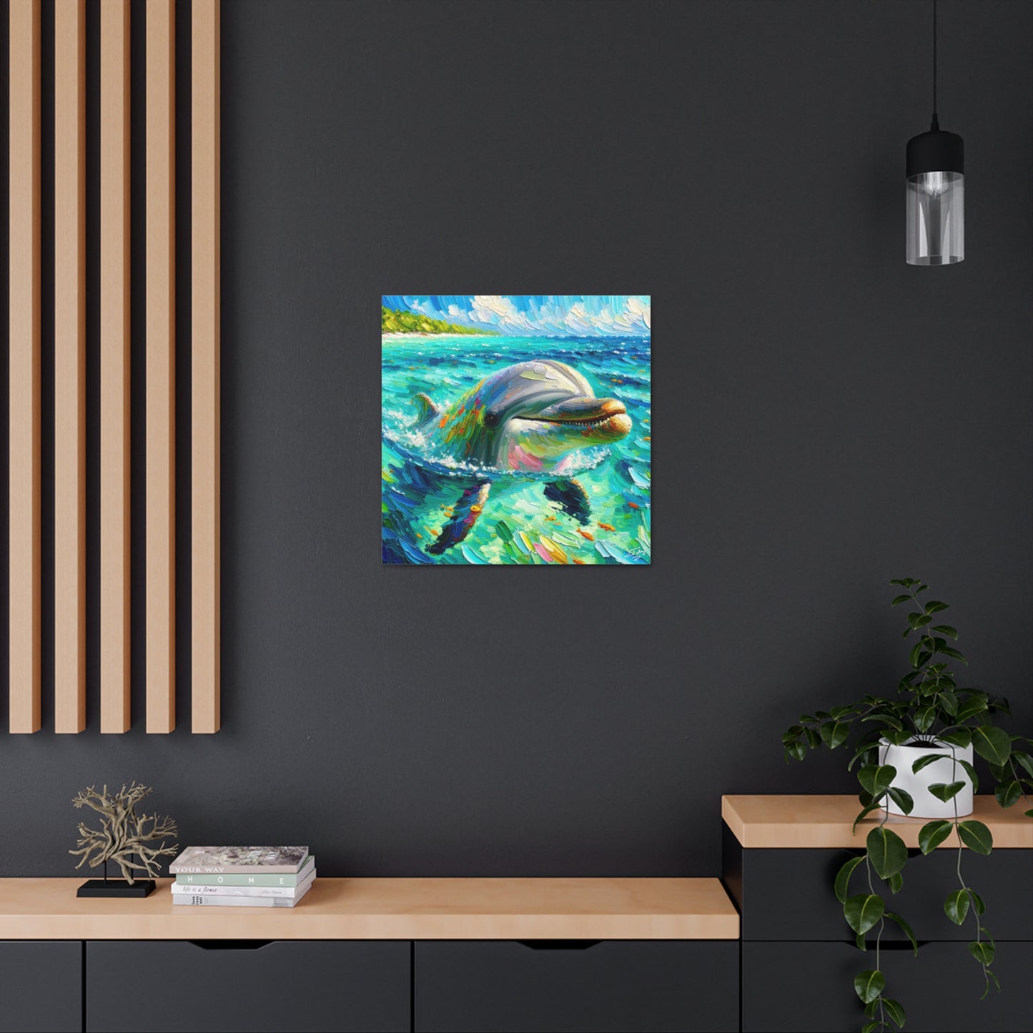 Art Print, Dolphin in Caribbean Sea, Oil Finish, Caribbean Nature, Canvas Gallery Wrap