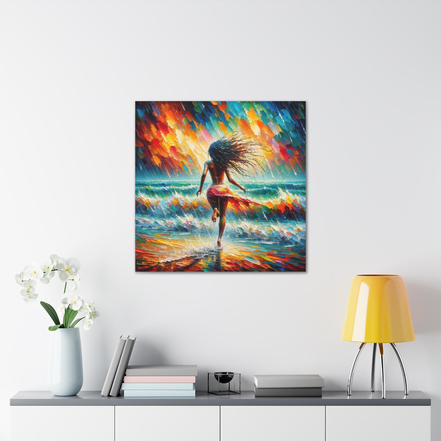 Art Print#6, East Indian Woman from Trinidad running into the Atlantic Ocean, Caribbean, Oil Finish, West Indian Art, Canvas Gallery Wraps