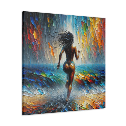 Art Print, Dougla Woman "Running Into the Storm" Oil Finish, West Indian Ethnicity, Cultural, Heritage, Semi-Abstract, Canvas Gallery Wrap