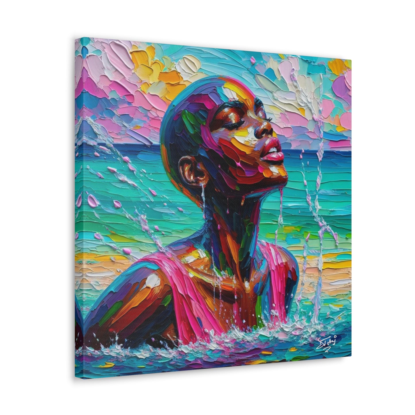 Art Print, Afro-Caribbean Woman, "Sea Bath" Abstract, Oil Finish, West Indian Ethnicity, Cultural, Heritage, Abstract, Canvas Gallery Wrap