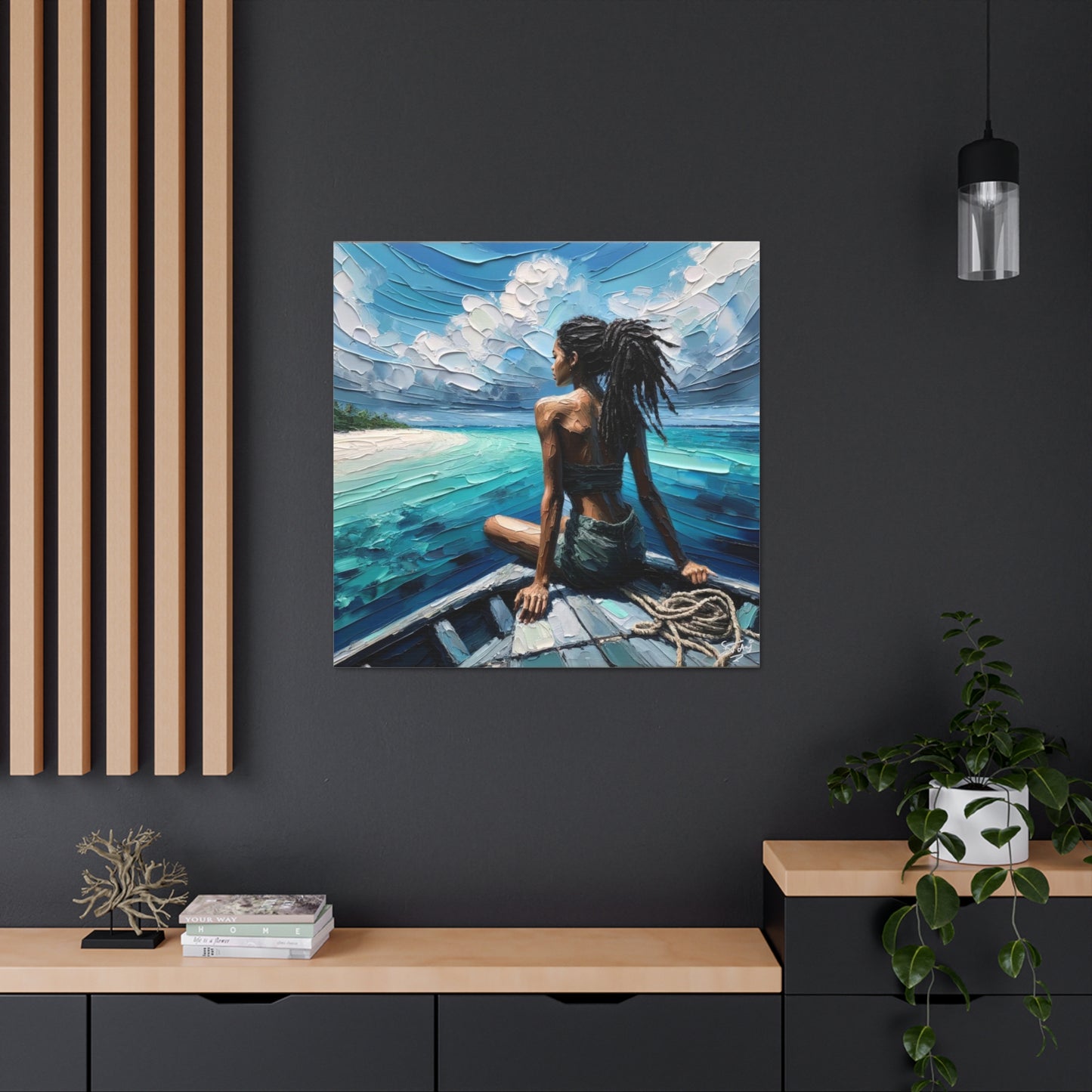 Art Print, Dougla Woman "Chilling in the Boat" Oil Finish, West Indian Ethnicity, Cultural, Heritage, Semi-Abstract, Canvas Gallery Wrap