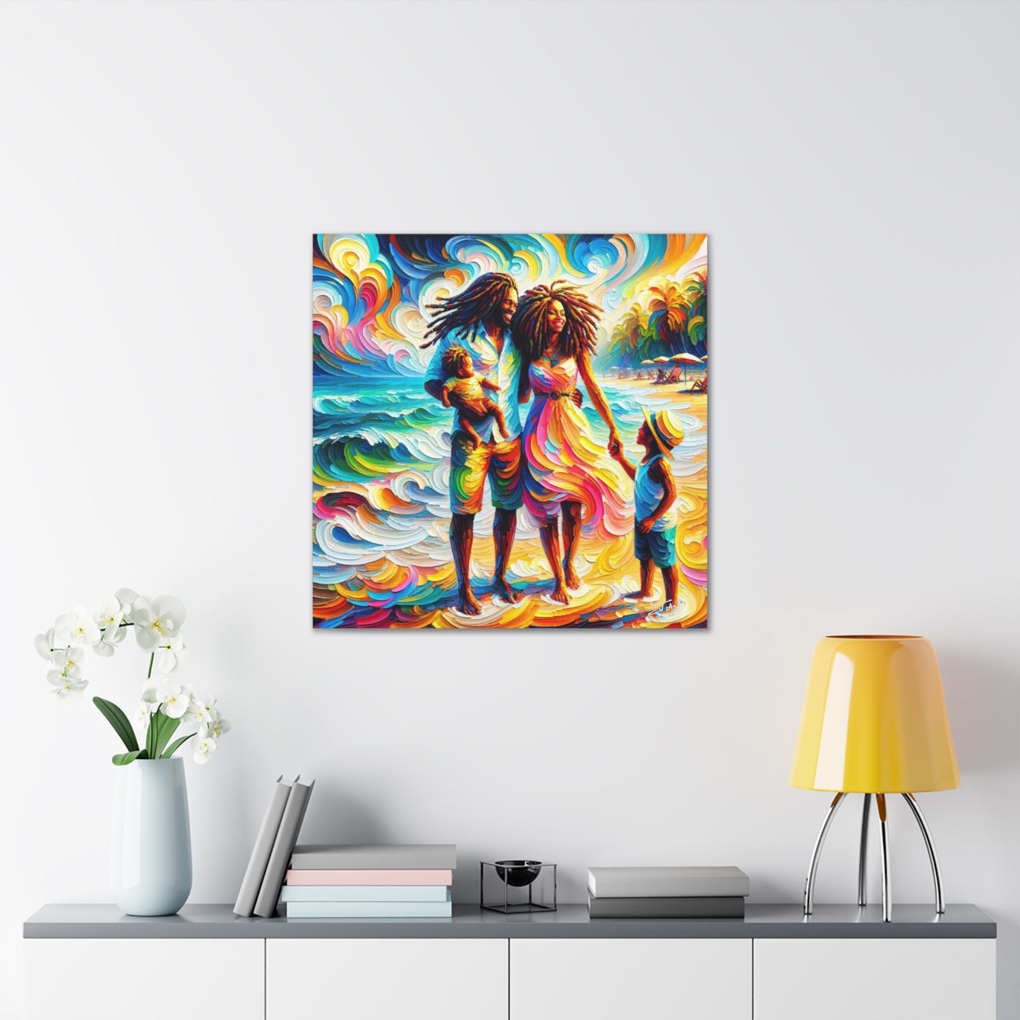 Art Print, Afro-Caribbean Family "Walking on the Beach," Oil Finish, West Indian Ethnicity, Cultural, Heritage, Semi-Abstract, Canvas Gallery Wrap