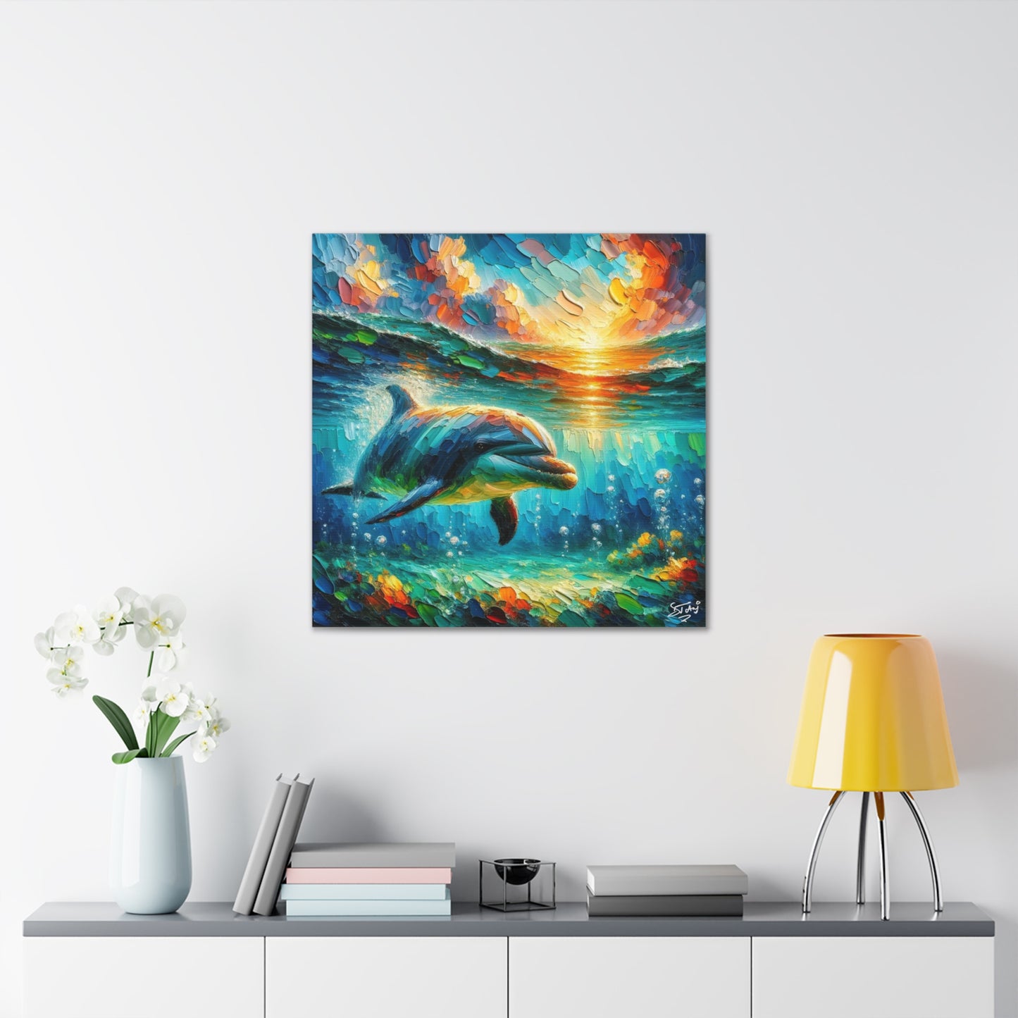 Art Print, Dolphin at Sunset, Oil Finish, Caribbean Nature, Semi-Abstract, Canvas Gallery Wrap