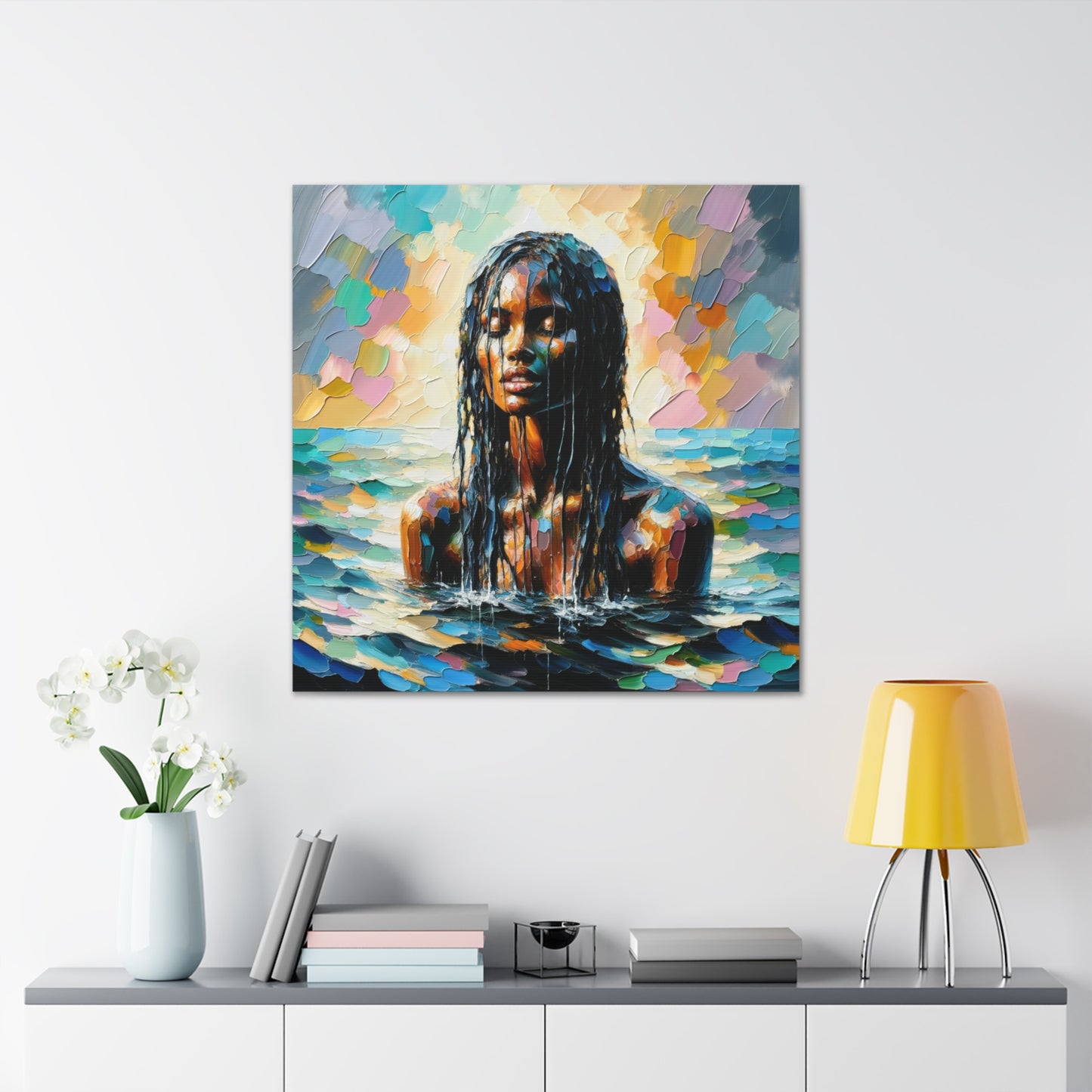 Art Print#9 of Trini Woman - Chilling in the Caribbean Sea, Oil Finish, West Indian Ethnicity, Cultural, Heritage Art, Canvas Gallery Wraps