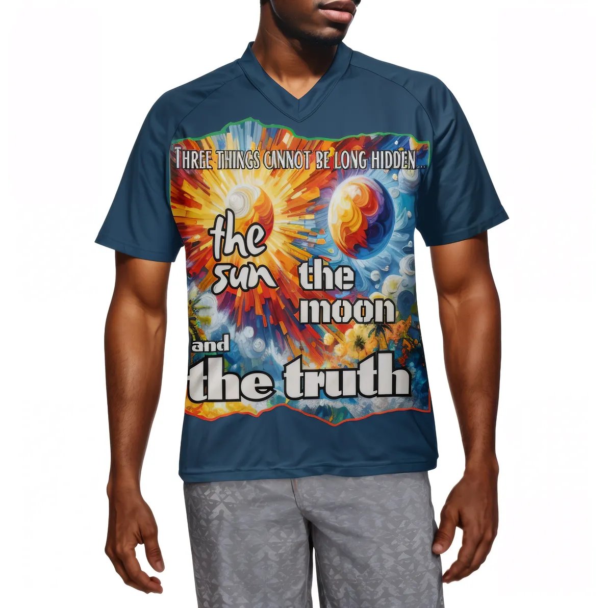 Men's V-Neck Polyester T-Shirt "The Sun, The Moon, The Truth"