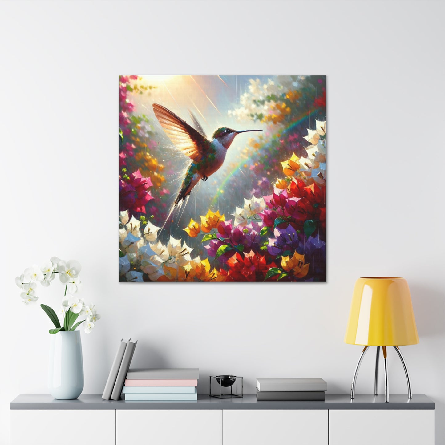 Art Print#3 of Hummingbird in Flight...in the Sun and Rain, Bougainvillea, Caribbean, Oil Finish, West Indian Art, Canvas Gallery Wraps