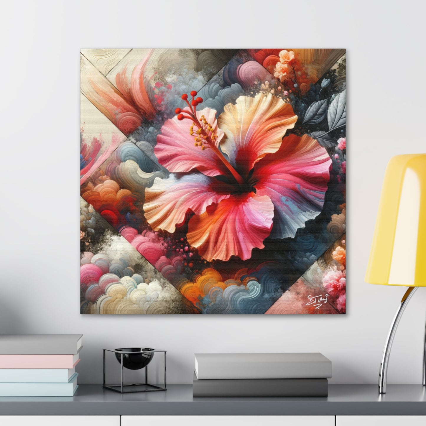 Oil Print of a Pink Hibiscus Flower, Close-up View, Semi-abstract, Caribbean, Vibrant Vivid Colors, Canvas Gallery Wraps