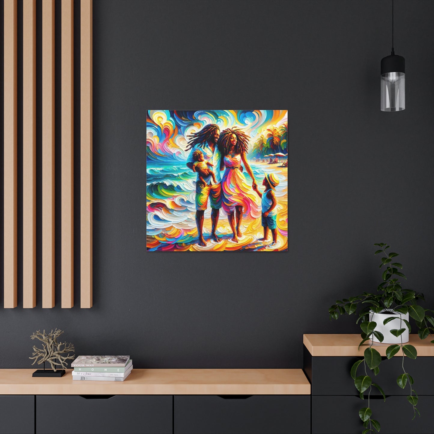 Art Print, Afro-Caribbean Family "Walking on the Beach," Oil Finish, West Indian Ethnicity, Cultural, Heritage, Semi-Abstract, Canvas Gallery Wrap