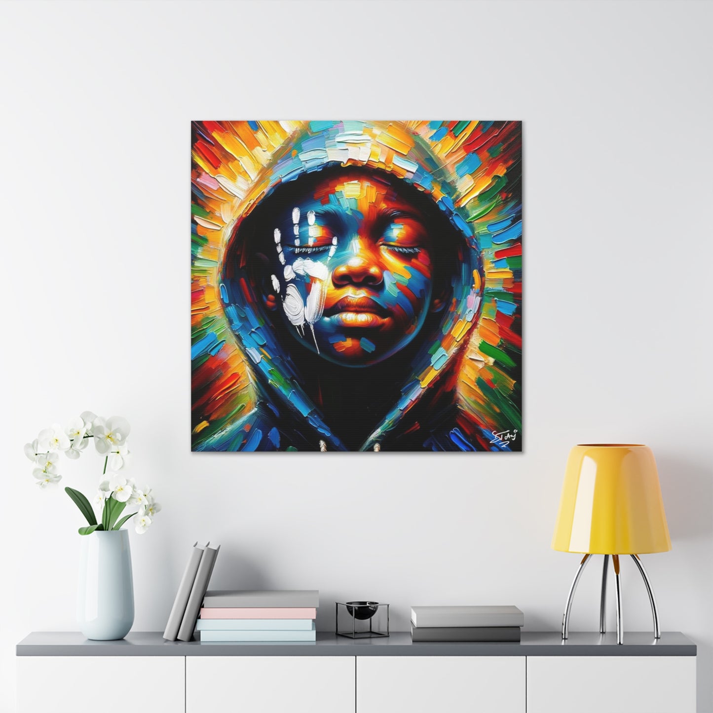 Art Print, Afro-Caribbean Boy "The Resistance," Oil Finish, West Indian Ethnicity, Cultural, Heritage, Semi-Abstract, Canvas Gallery Wrap