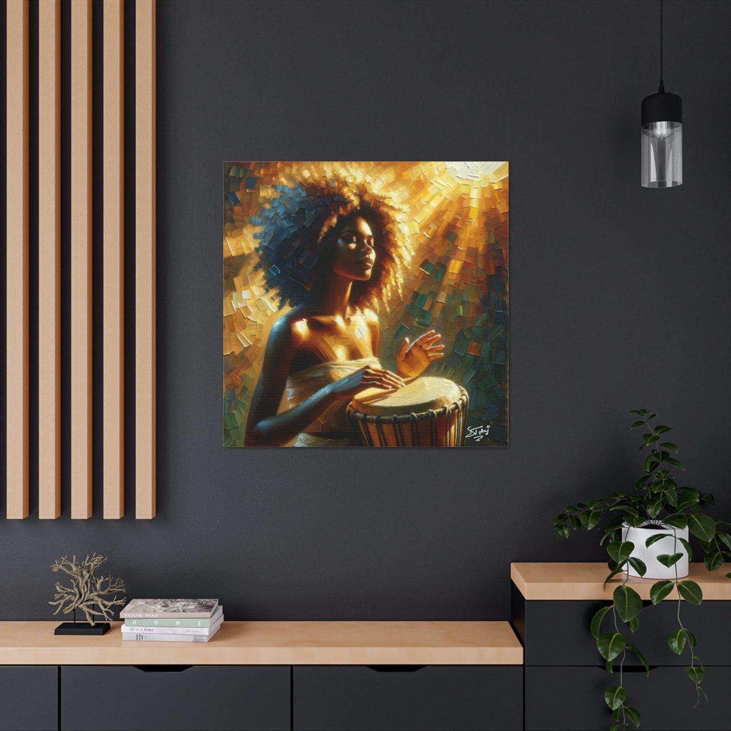 Art Print, Afro-Caribbean Woman, "Drumming" Oil Finish, West Indian Ethnicity, Cultural, Heritage, Abstract, Canvas Gallery Wrap