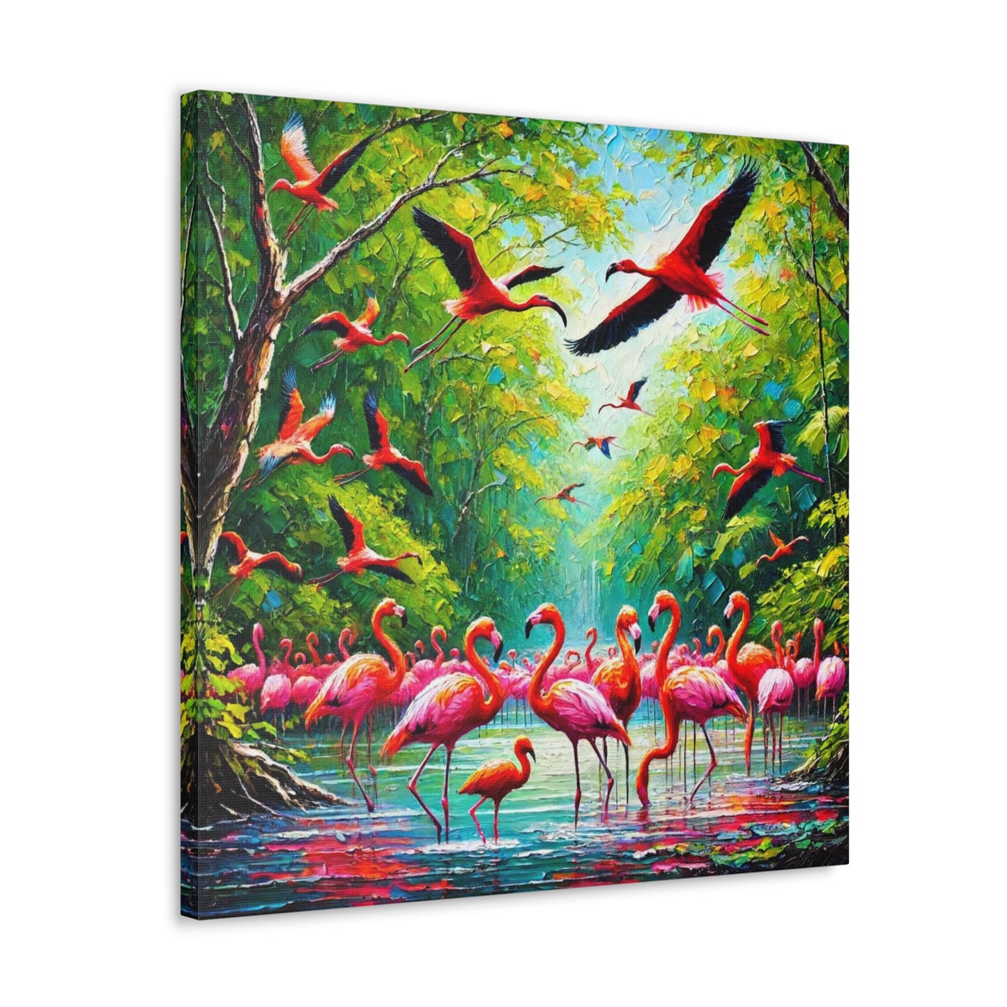 Art Print, Scarlet Ibises & Flamingos in Their Natural Mangrove Habitat in Trinidad and Tobago, Caribbean, West Indian Art, Canvas Gallery Wraps