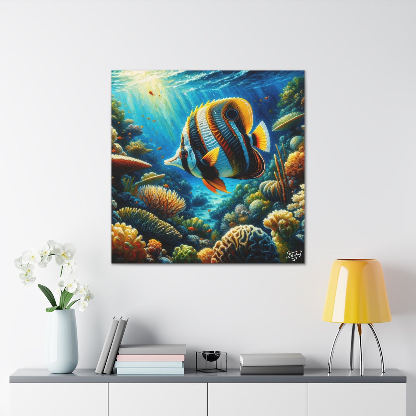 Art Print, Banded Butterflyfish in Coral Reef, Oil Finish, Caribbean Nature, Semi-Abstract, Canvas Gallery Wrap