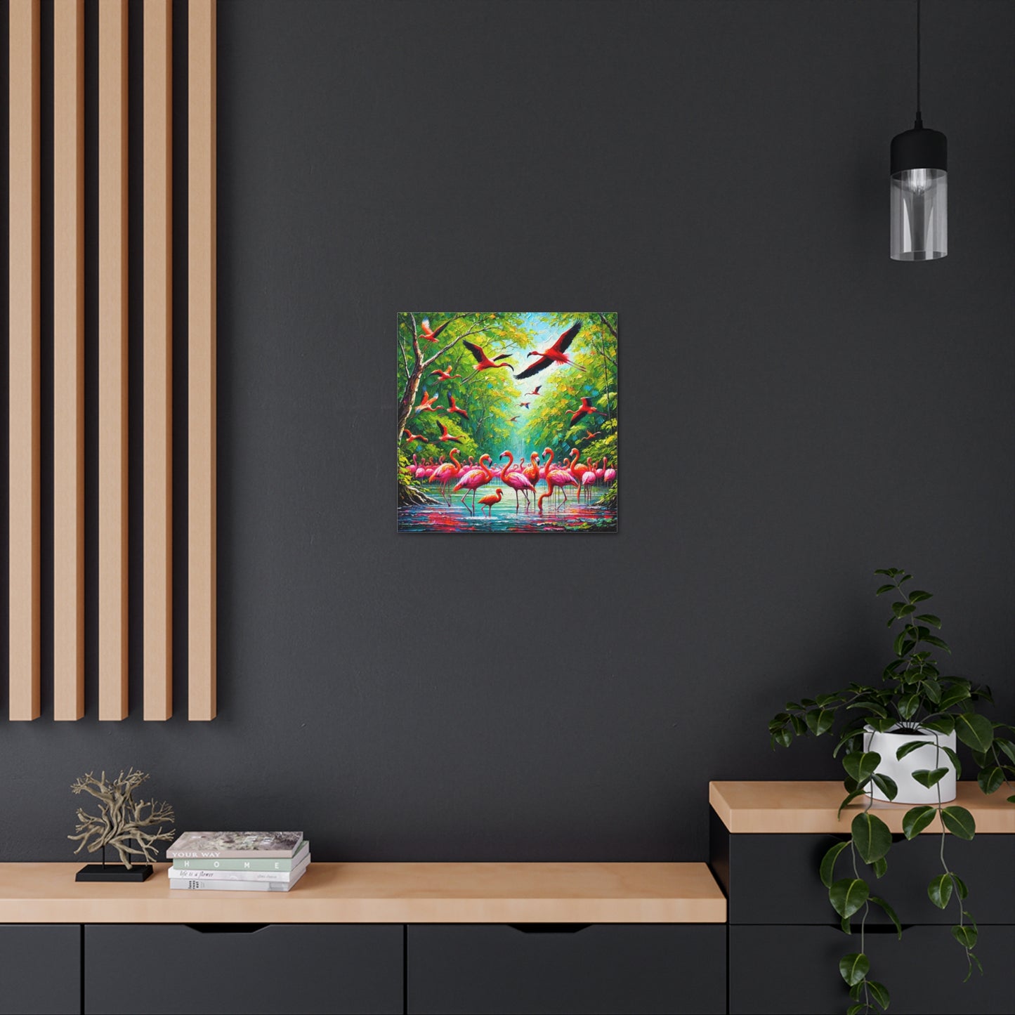 Art Print, Scarlet Ibises & Flamingos in Their Natural Mangrove Habitat in Trinidad and Tobago, Caribbean, West Indian Art, Canvas Gallery Wraps