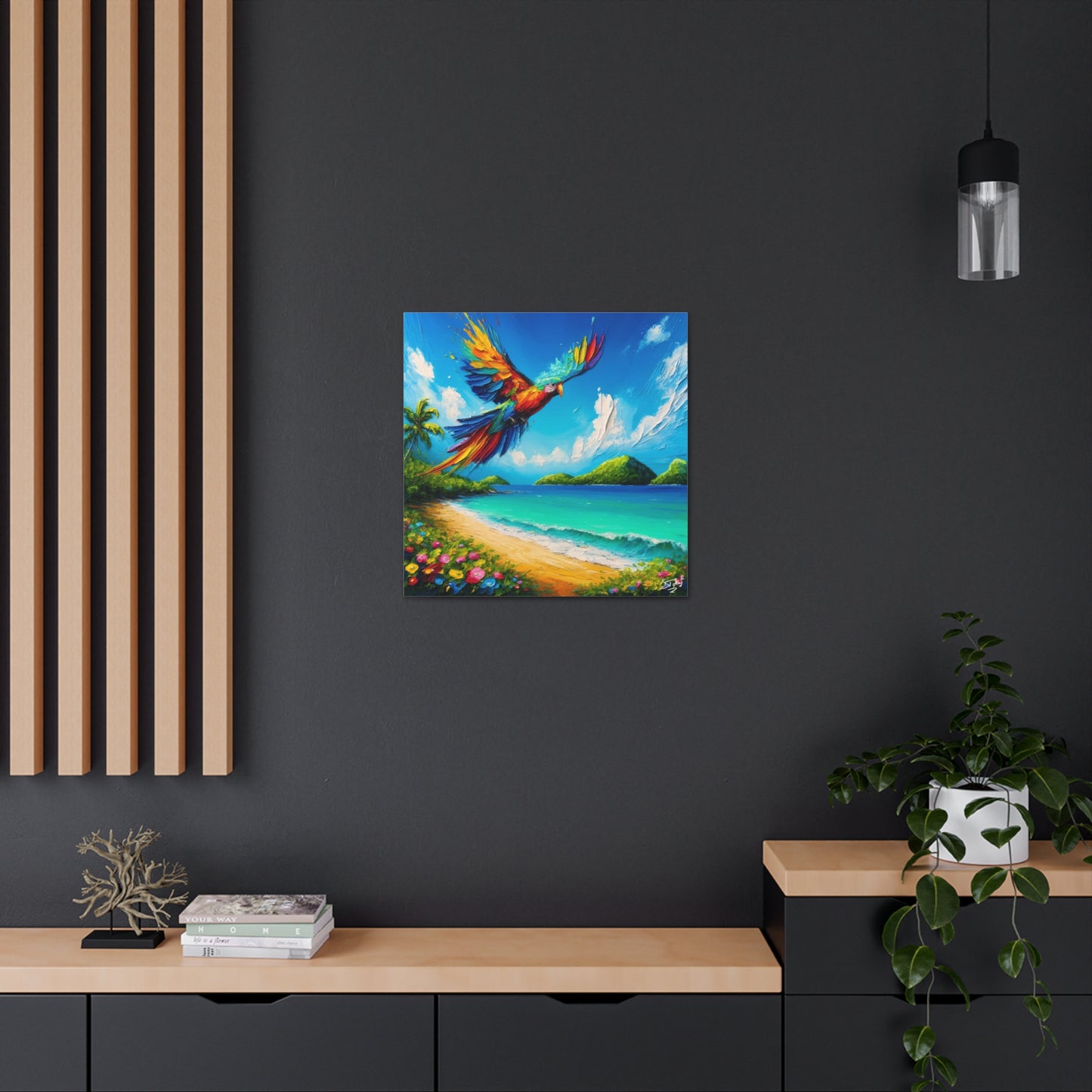 Art Print, "Bird Enjoying View," Oil Finish, Caribbean Nature, Cultural, Heritage, Semi-Abstract, Canvas Gallery Wrap