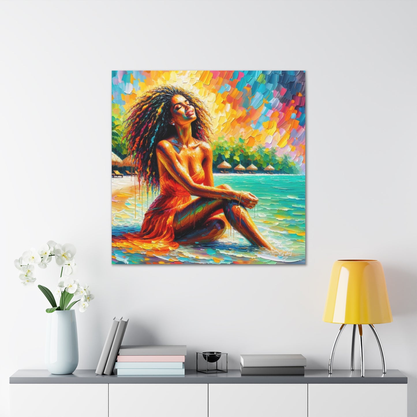 Art Print, Indo-Caribbean Woman, "Chilling on the Beach" Oil Finish, West Indian Ethnicity, Cultural, Heritage, Abstract, Canvas Gallery Wrap