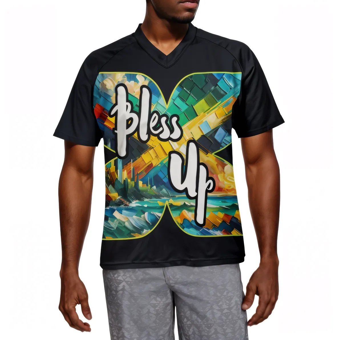 Men's V-Neck Polyester T-Shirt "Bless Up, Wah Gwaan"