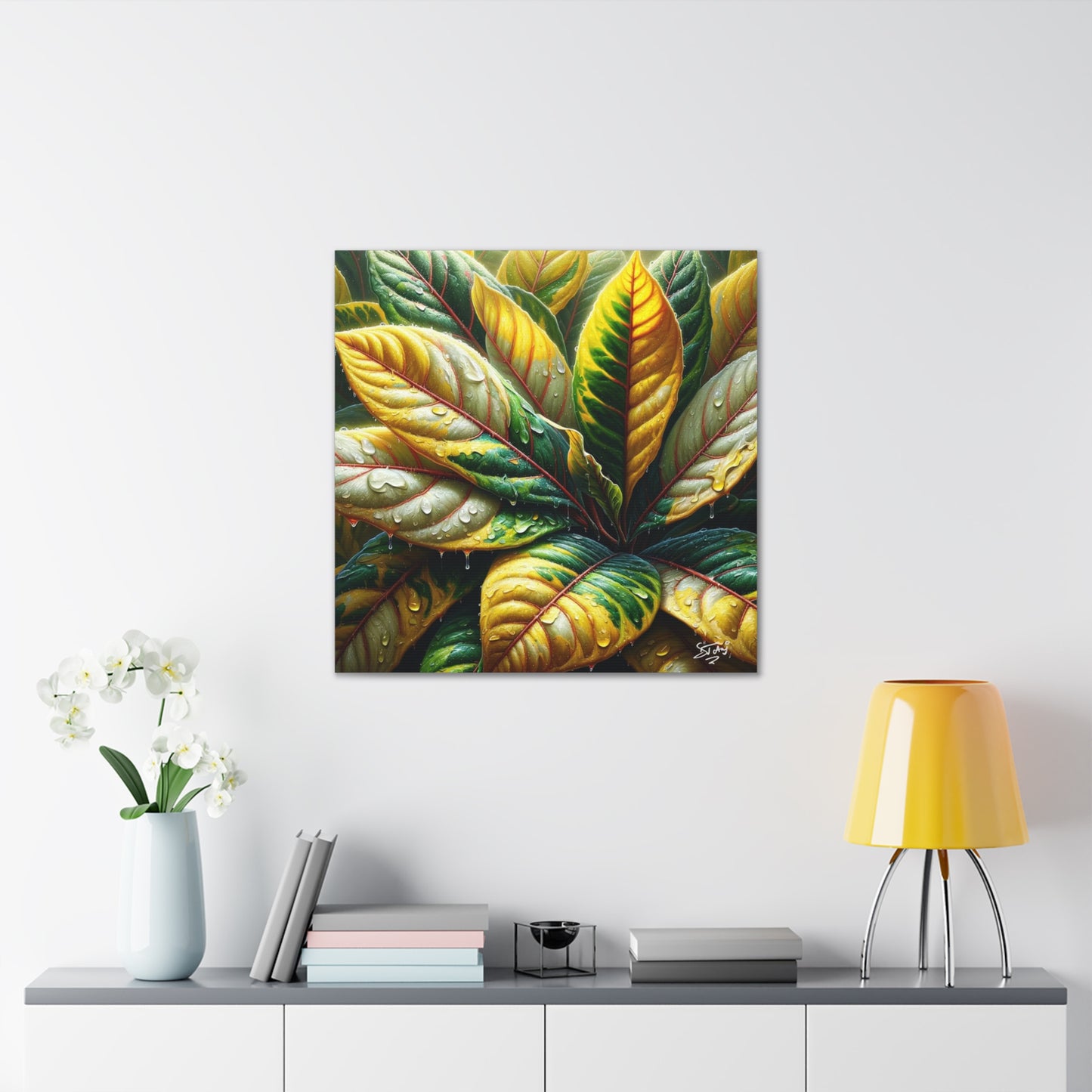 Oil Print of Croton Plant, Close-up, Still Wet from Recent Rain, Caribbean, Tropical Plant, Canvas Gallery Wraps