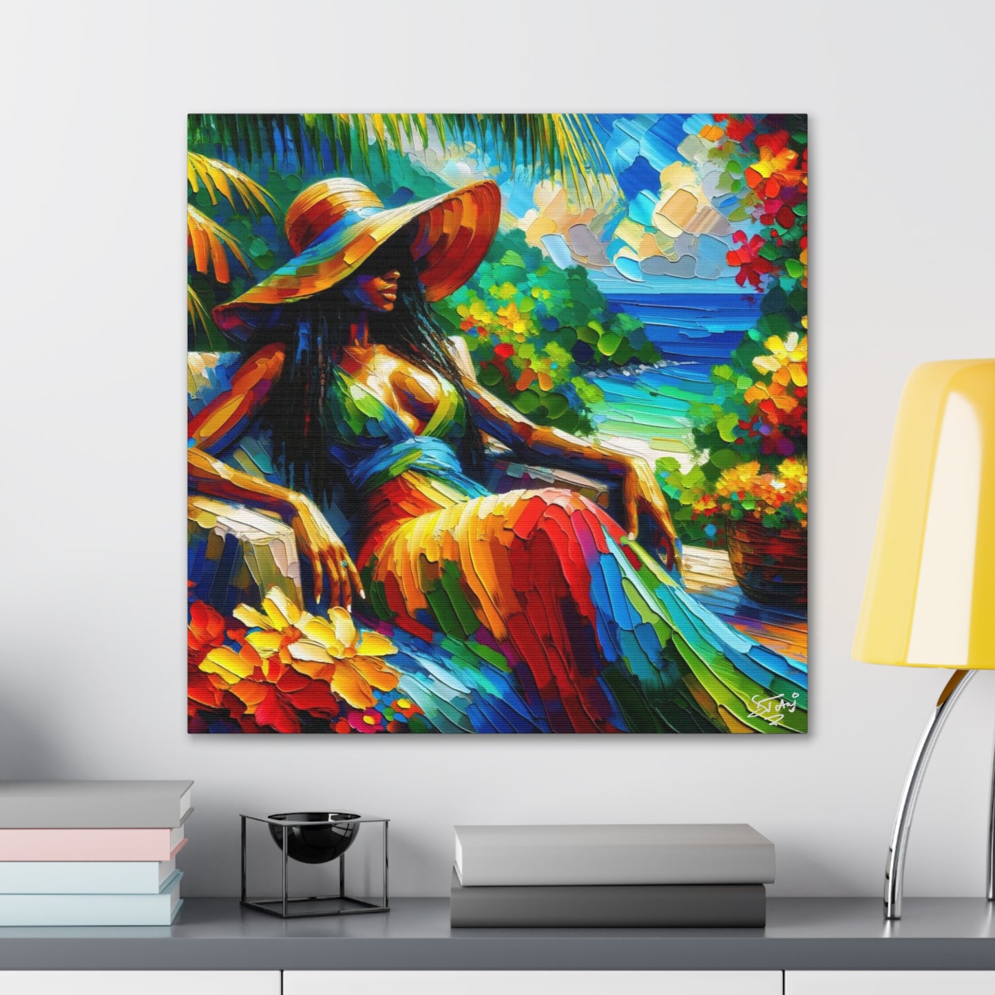 Art Print, Afro-Caribbean Woman, "Relaxing" Oil Finish, West Indian Ethnicity, Cultural, Heritage, Abstract, Canvas Gallery Wrap