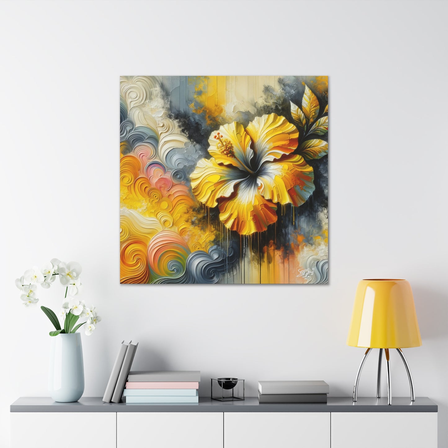 Oil Print of a Yellow Hibiscus Flower, Close-up View, Semi-abstract, Caribbean, Vibrant Vivid Colors, Canvas Gallery Wraps