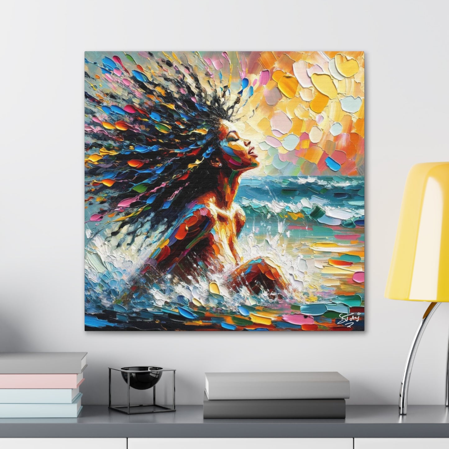 Art Print, Afro-Caribbean Woman, "Enjoying the Sunset" Abstract, Oil Finish, West Indian Ethnicity, Cultural, Heritage, Abstract, Canvas Gallery Wrap