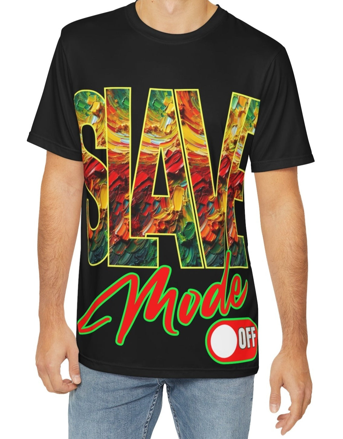 Men's Brushed Polyester Short Sleeve Tee (AOP), "SLAVE Mode Off"